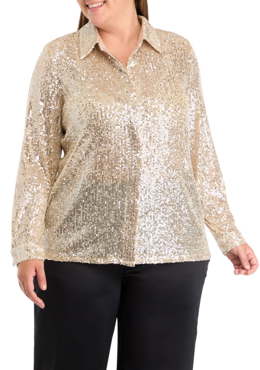 Plus Size Sequin Button Front