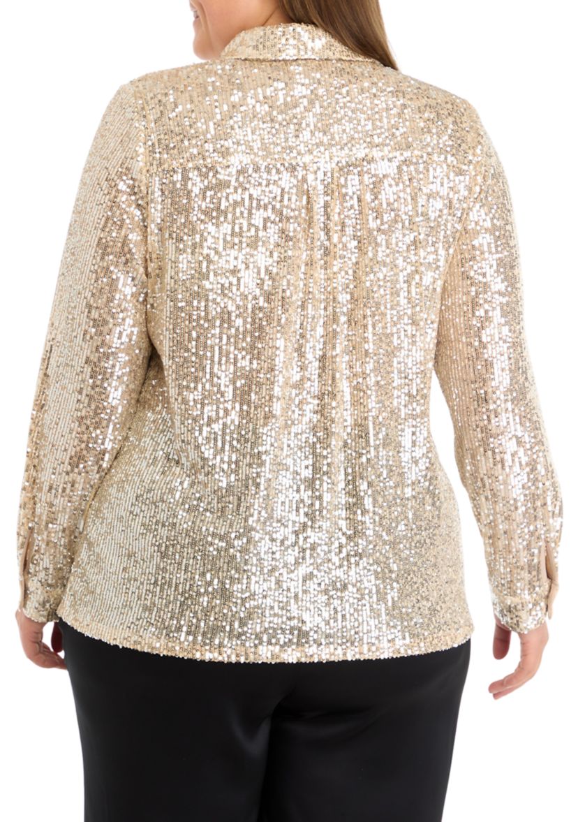 Plus Size Sequin Button Front