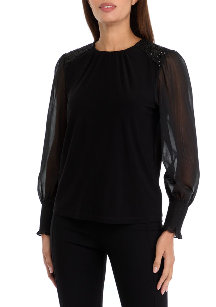 Womens Sheer Sleeve Knit Top