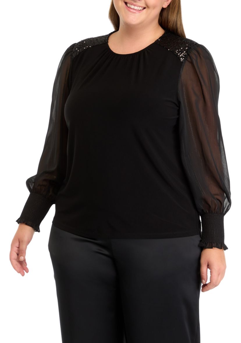 Plus Size Sheer Sleeve Knit Top