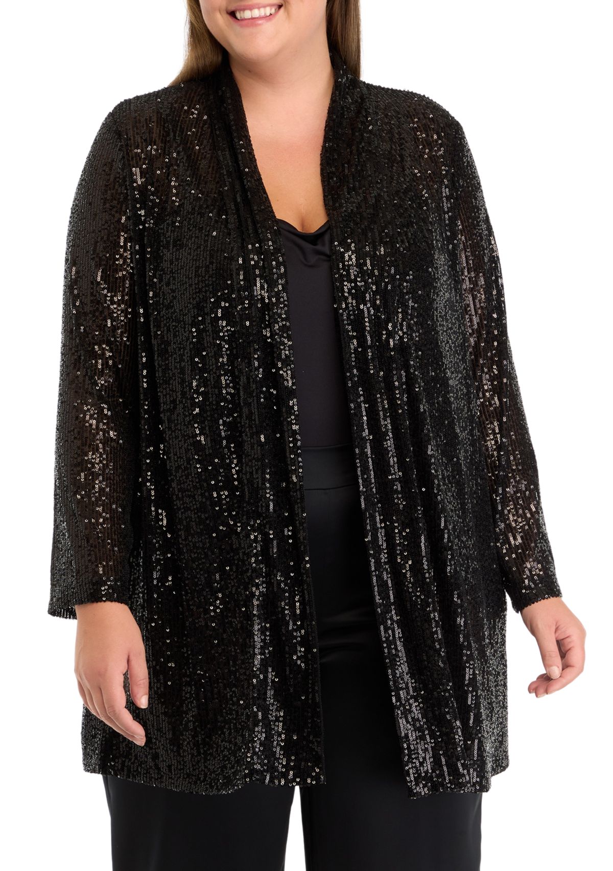 Plus Size Open Front Peak Lapel Sequin Cardigan 