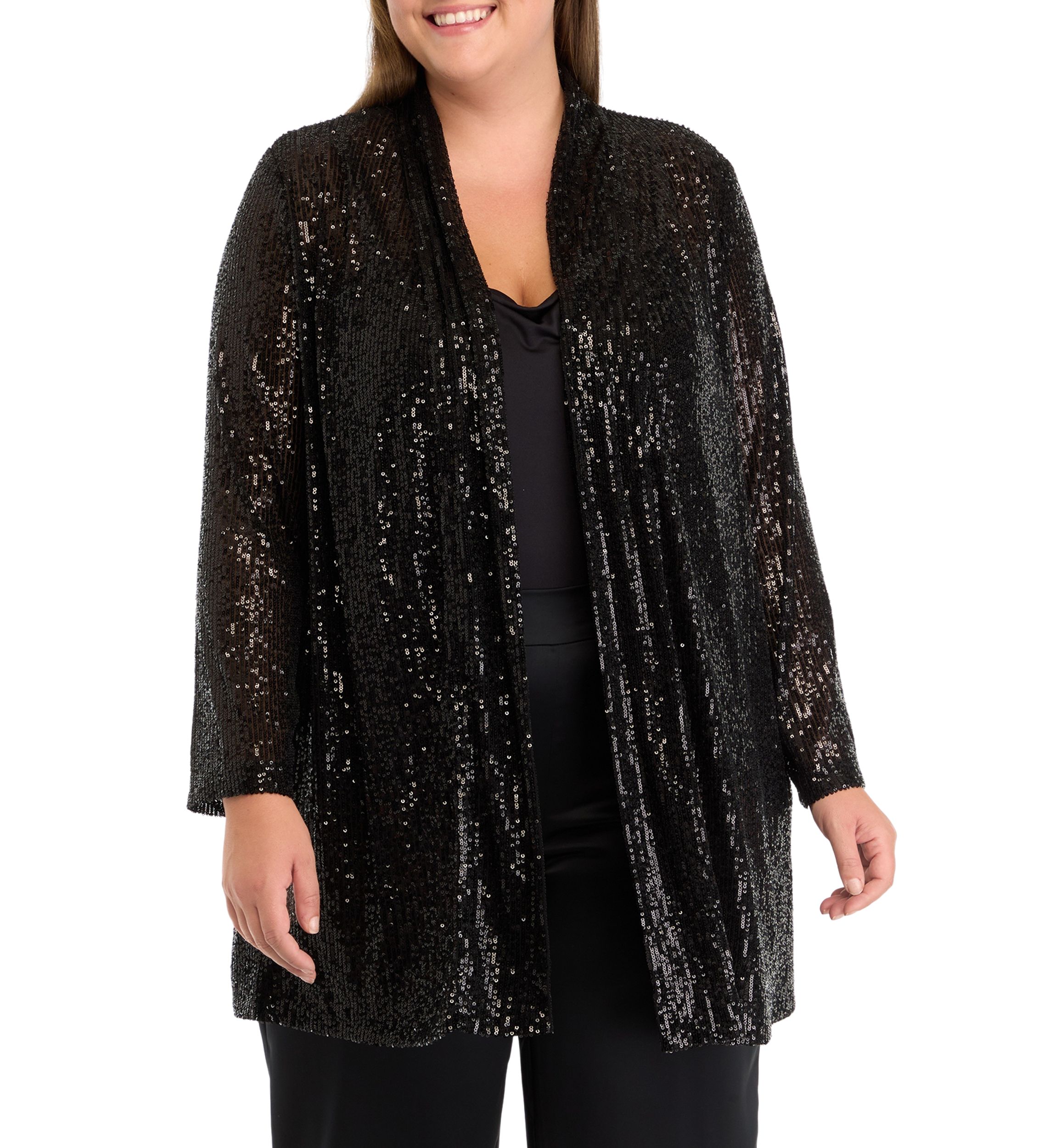 Plus Size Open Front Peak Lapel Sequin Cardigan 