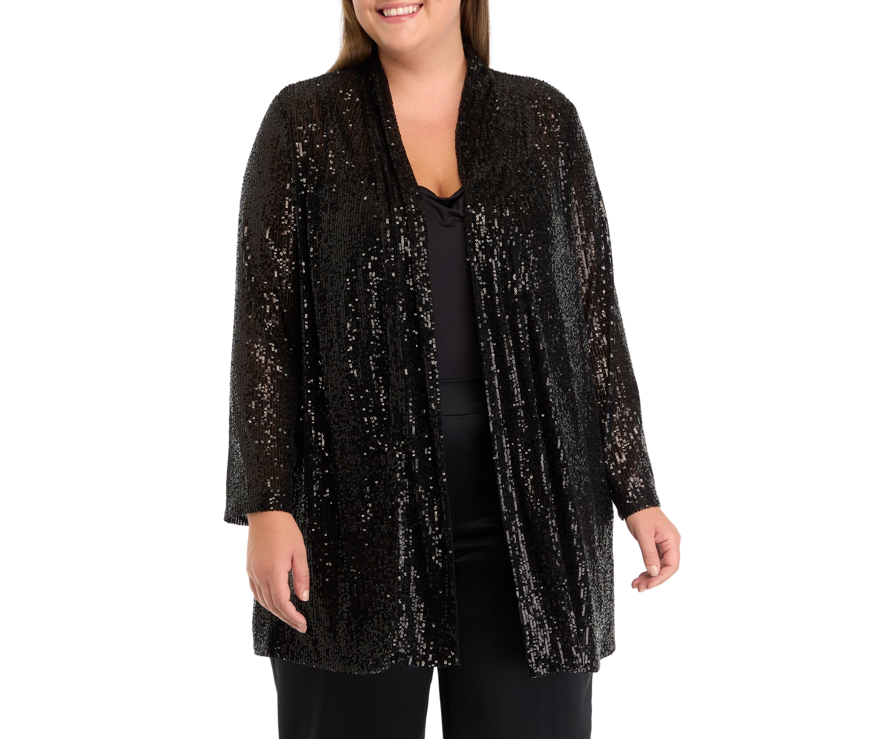 Plus Size Open Front Peak Lapel Sequin Cardigan 