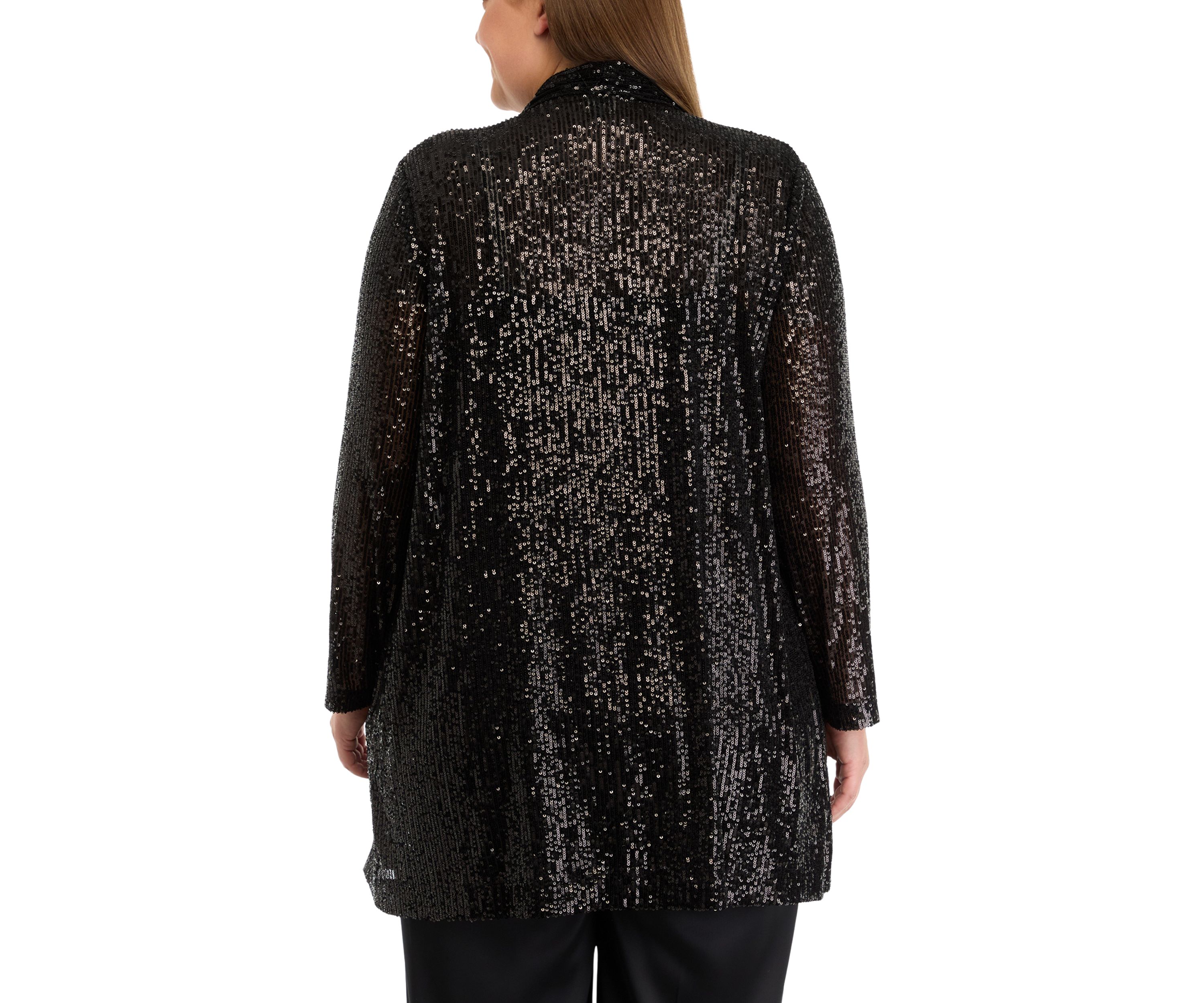 Plus Size Open Front Peak Lapel Sequin Cardigan 