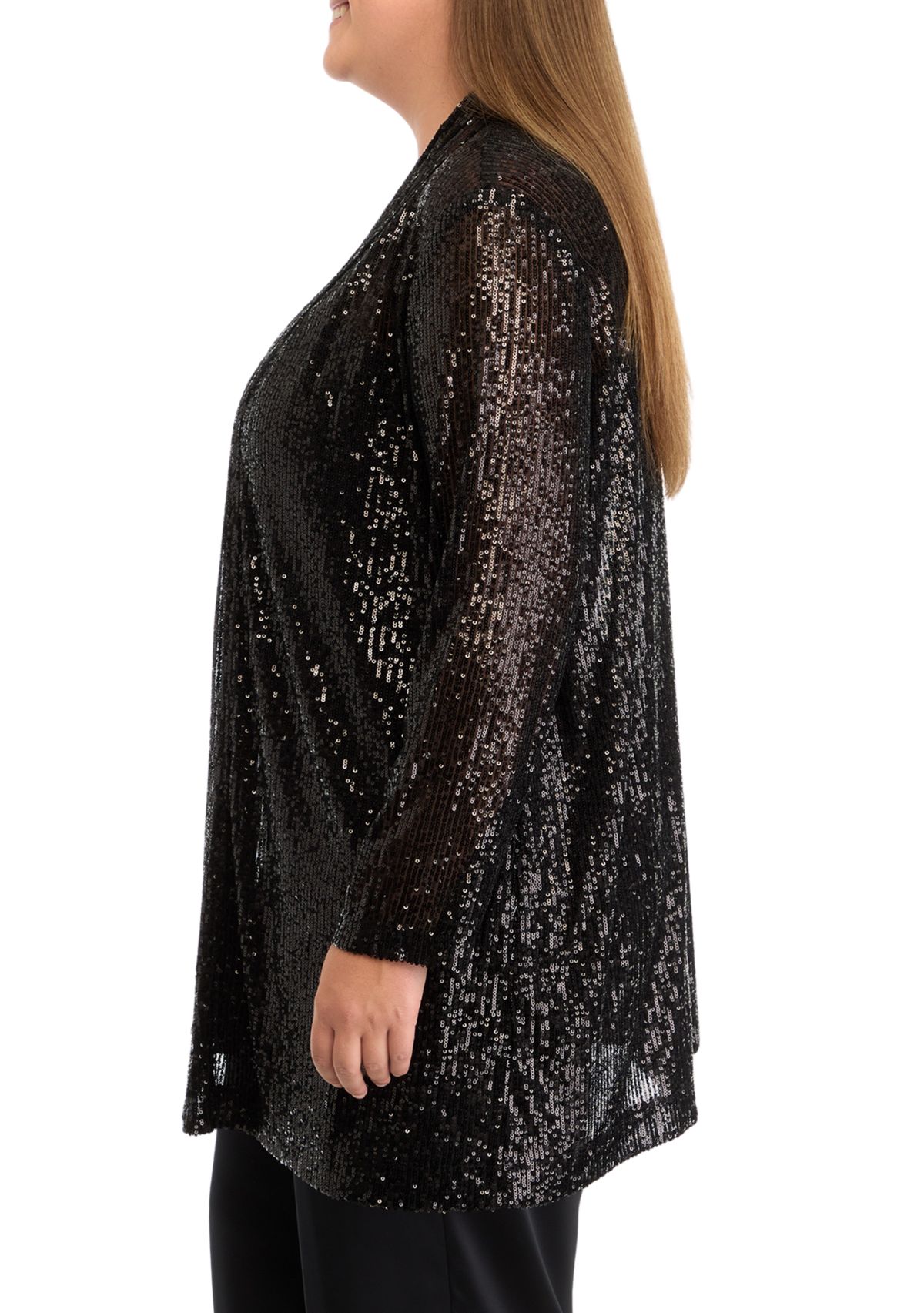Plus Size Open Front Peak Lapel Sequin Cardigan 