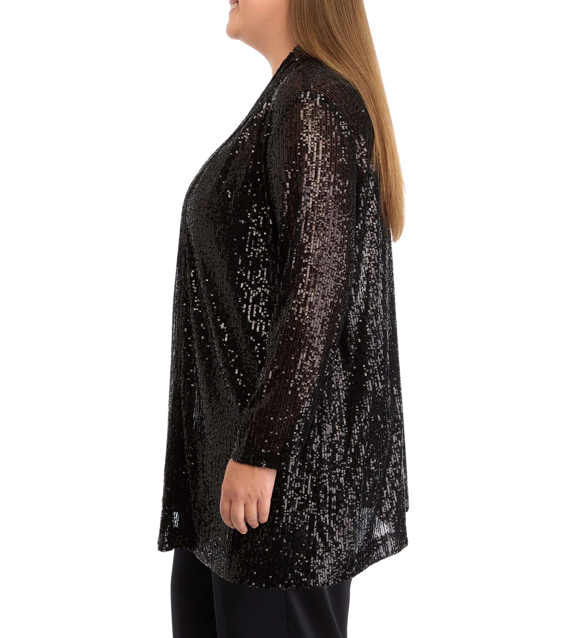Plus Size Open Front Peak Lapel Sequin Cardigan 