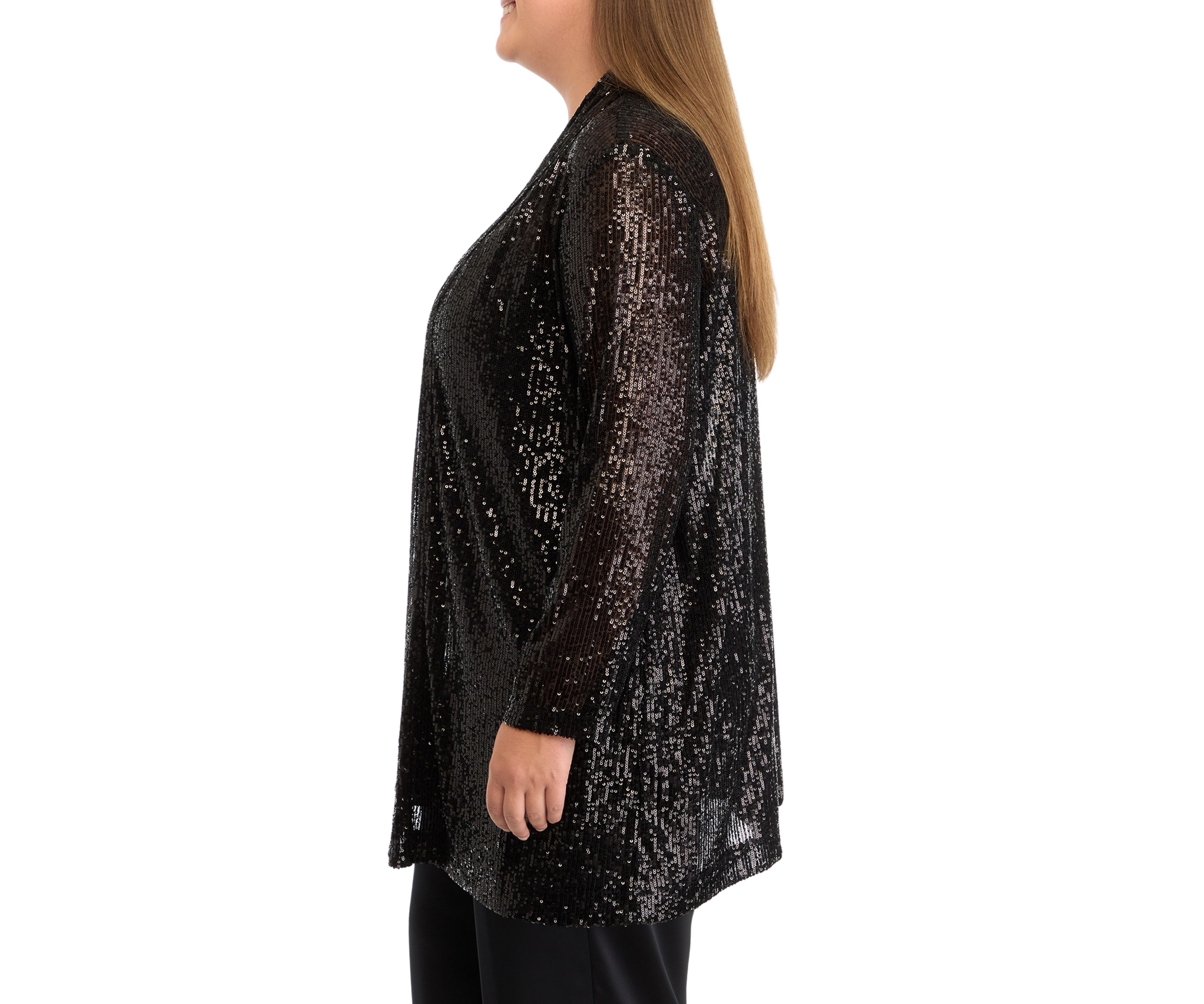 Plus Size Open Front Peak Lapel Sequin Cardigan 