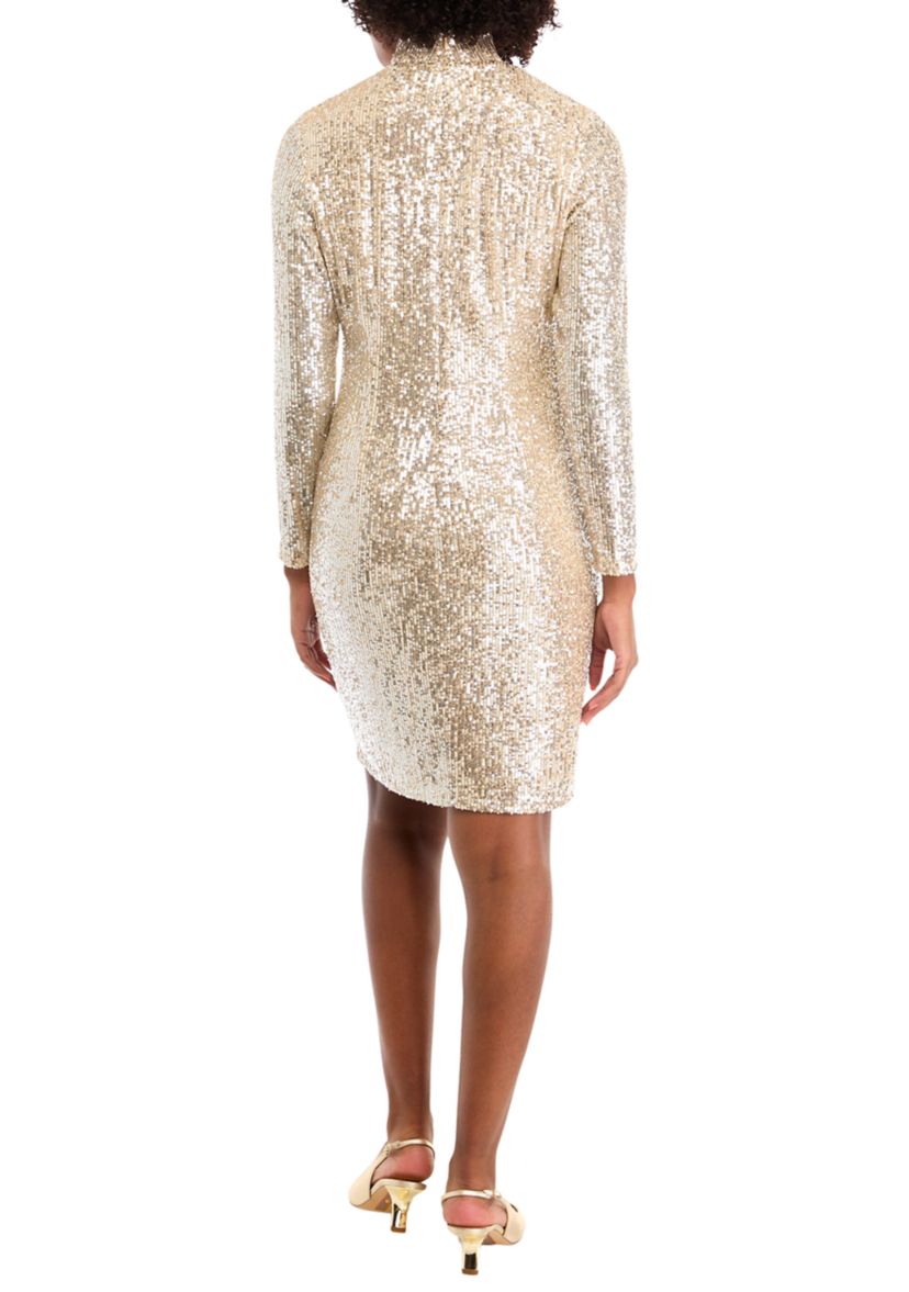Womens Long Sleeve Mock Neck Sequin Dress