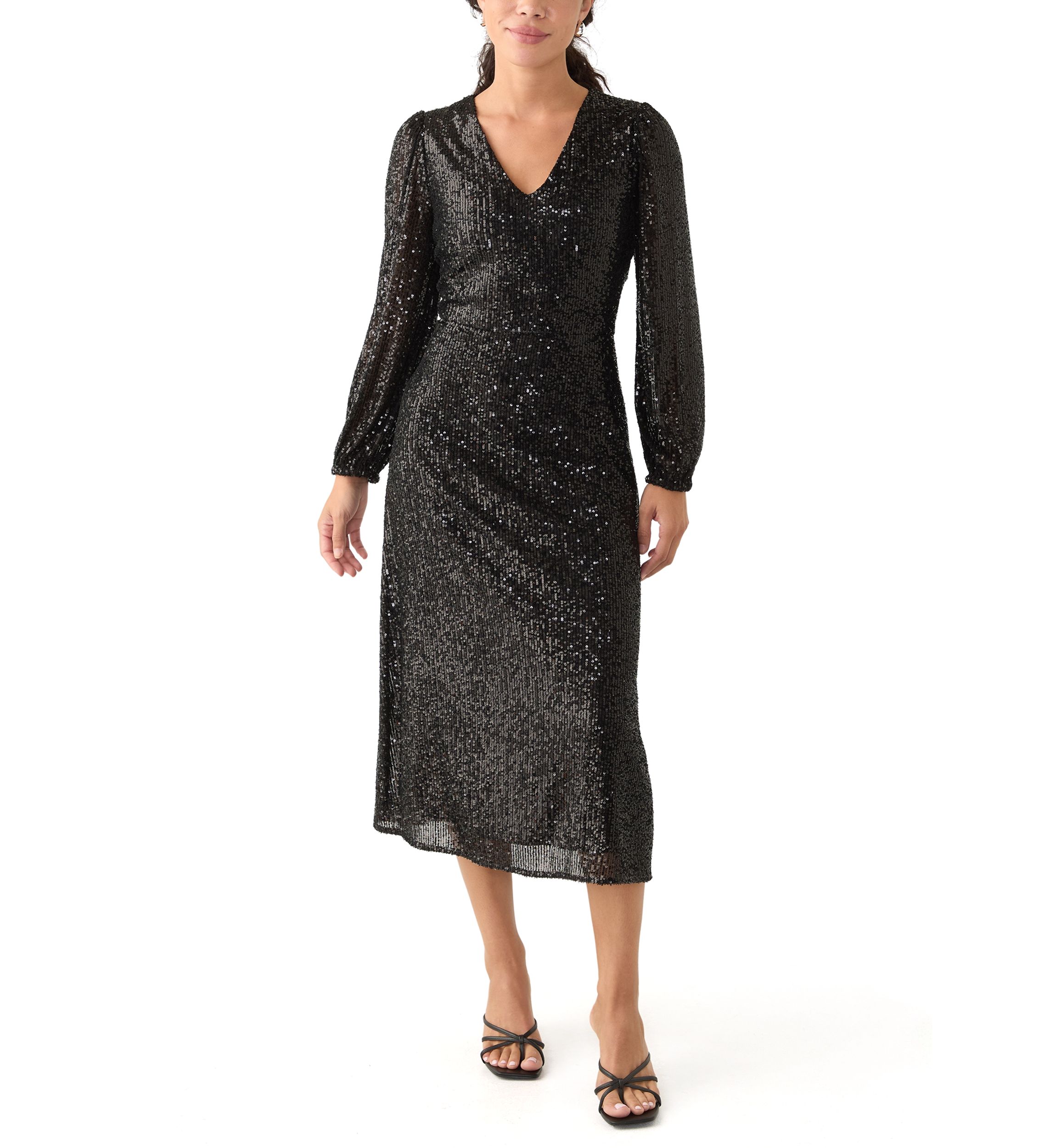 Womens Sequined V-Neck Midi Dress