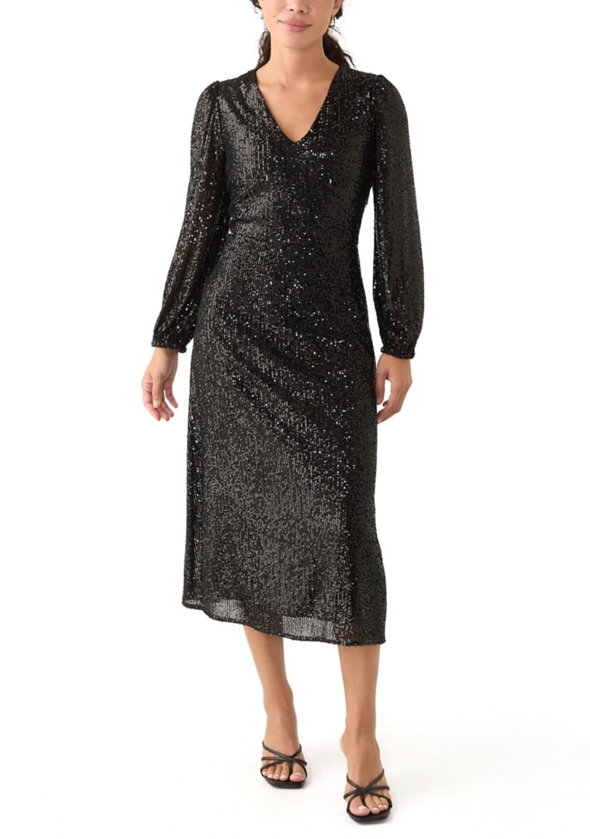 Womens Sequined V-Neck Midi Dress