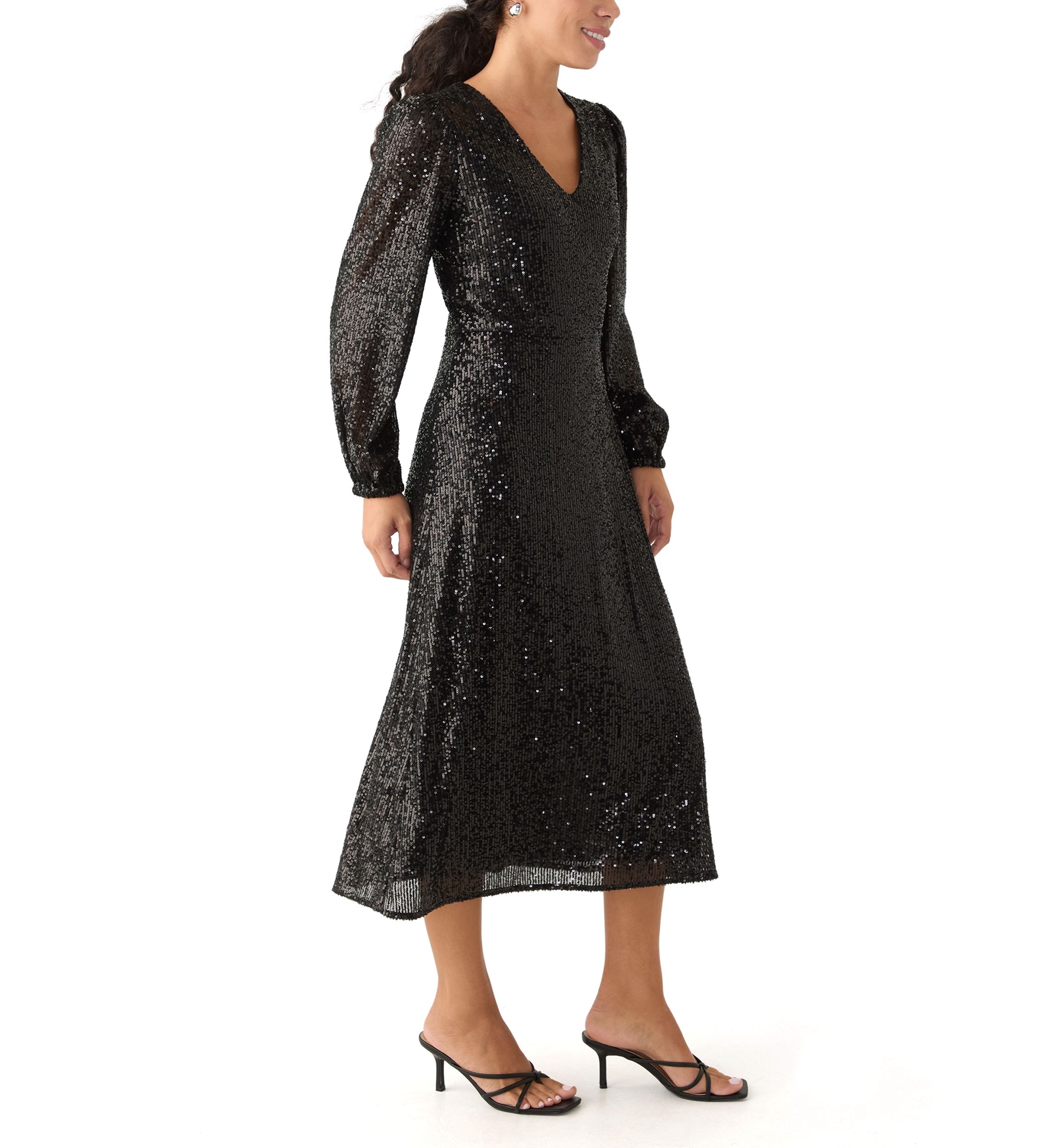 Womens Sequined V-Neck Midi Dress