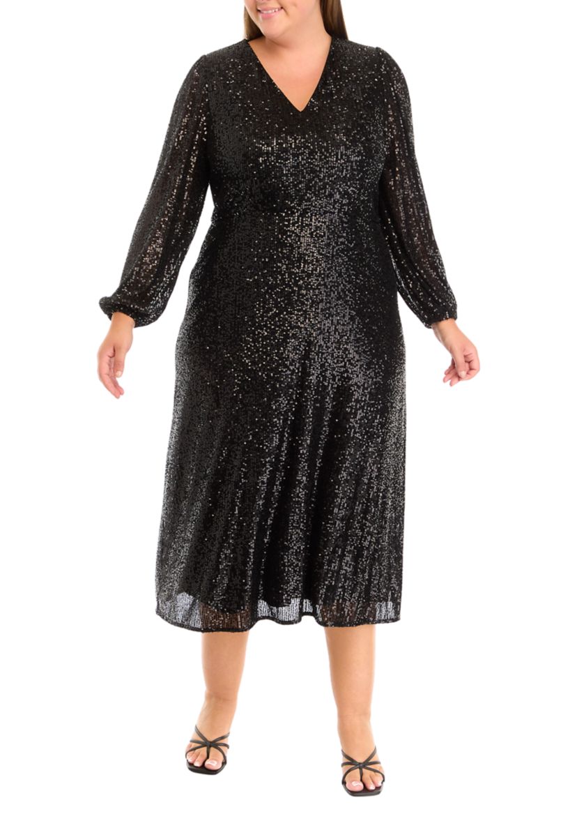 Plus Size V-Neck Midi Sequin Dress