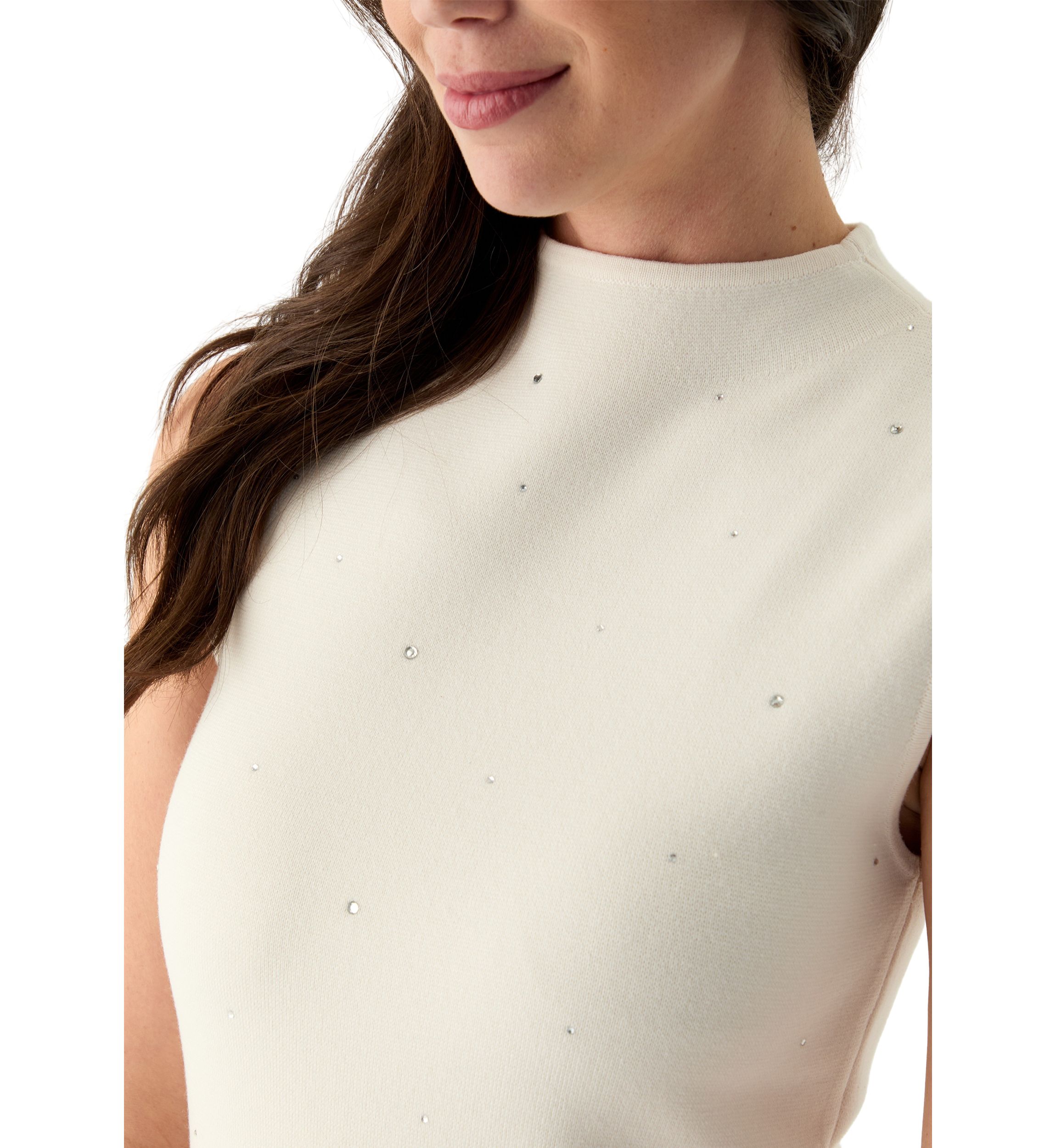 Womens Sleeveless Mock Neck Heat Set Stud Dress