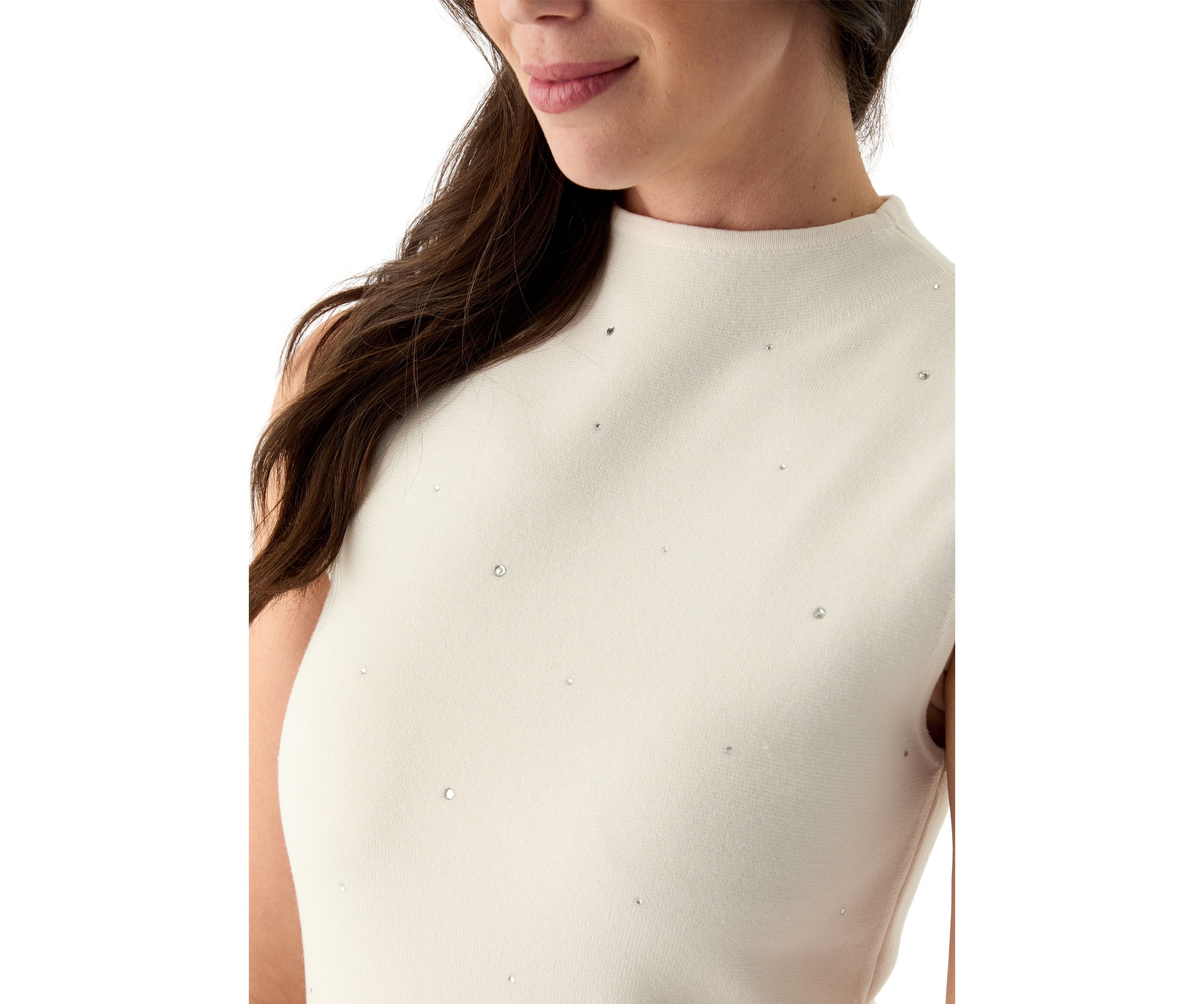 Womens Sleeveless Mock Neck Heat Set Stud Dress