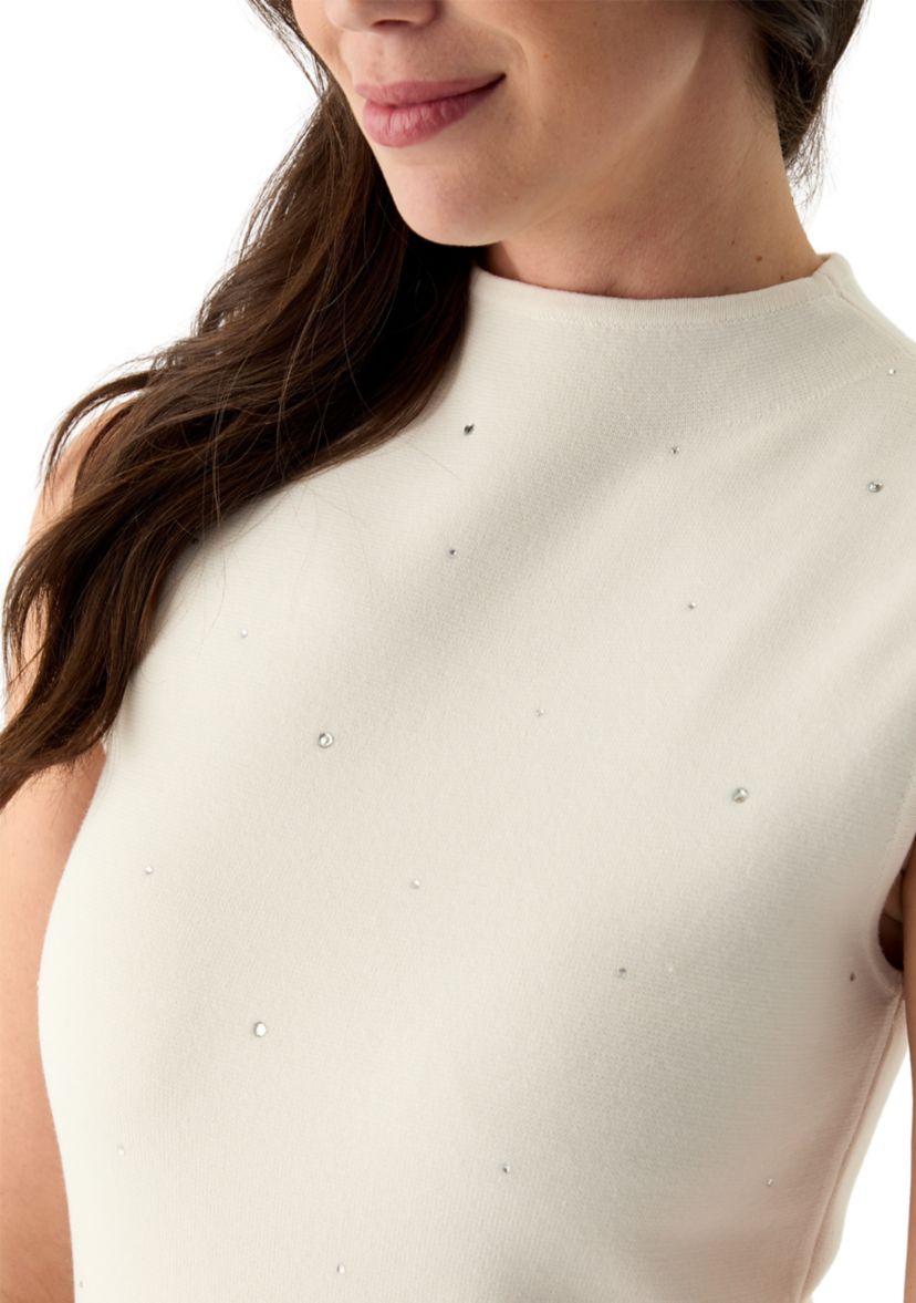 Womens Sleeveless Mock Neck Heat Set Stud Dress