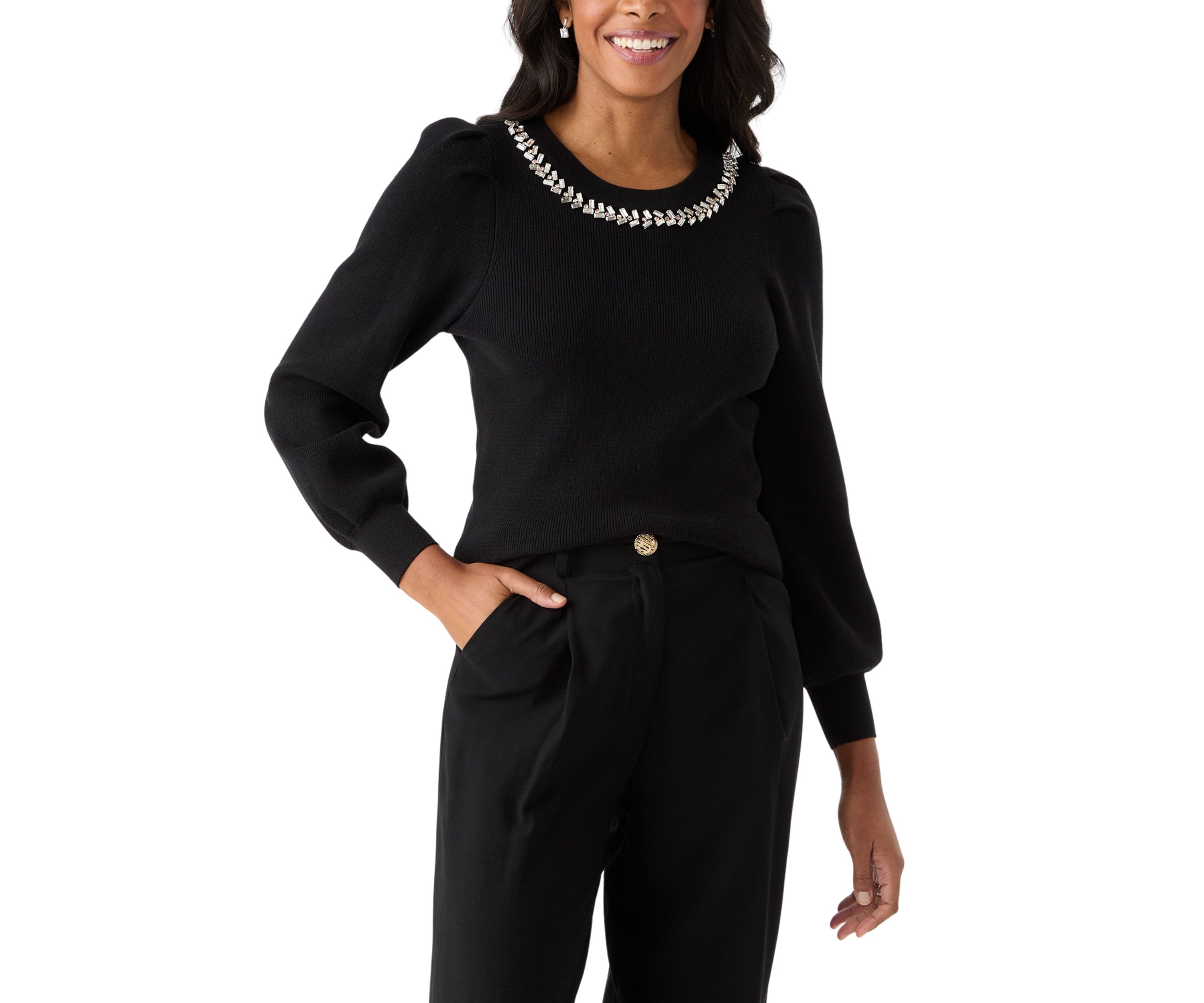 Womens Embellished Crew Neck Pullover Sweater