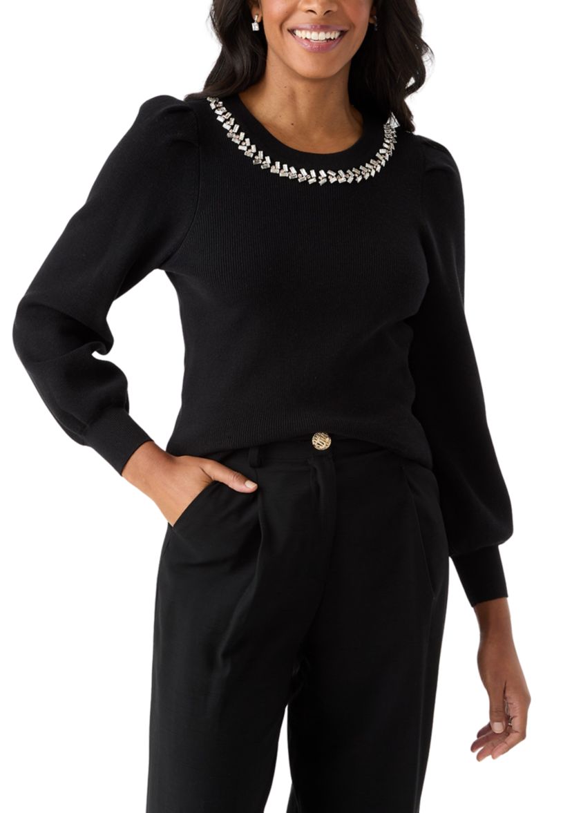 Womens Embellished Crew Neck Pullover Sweater