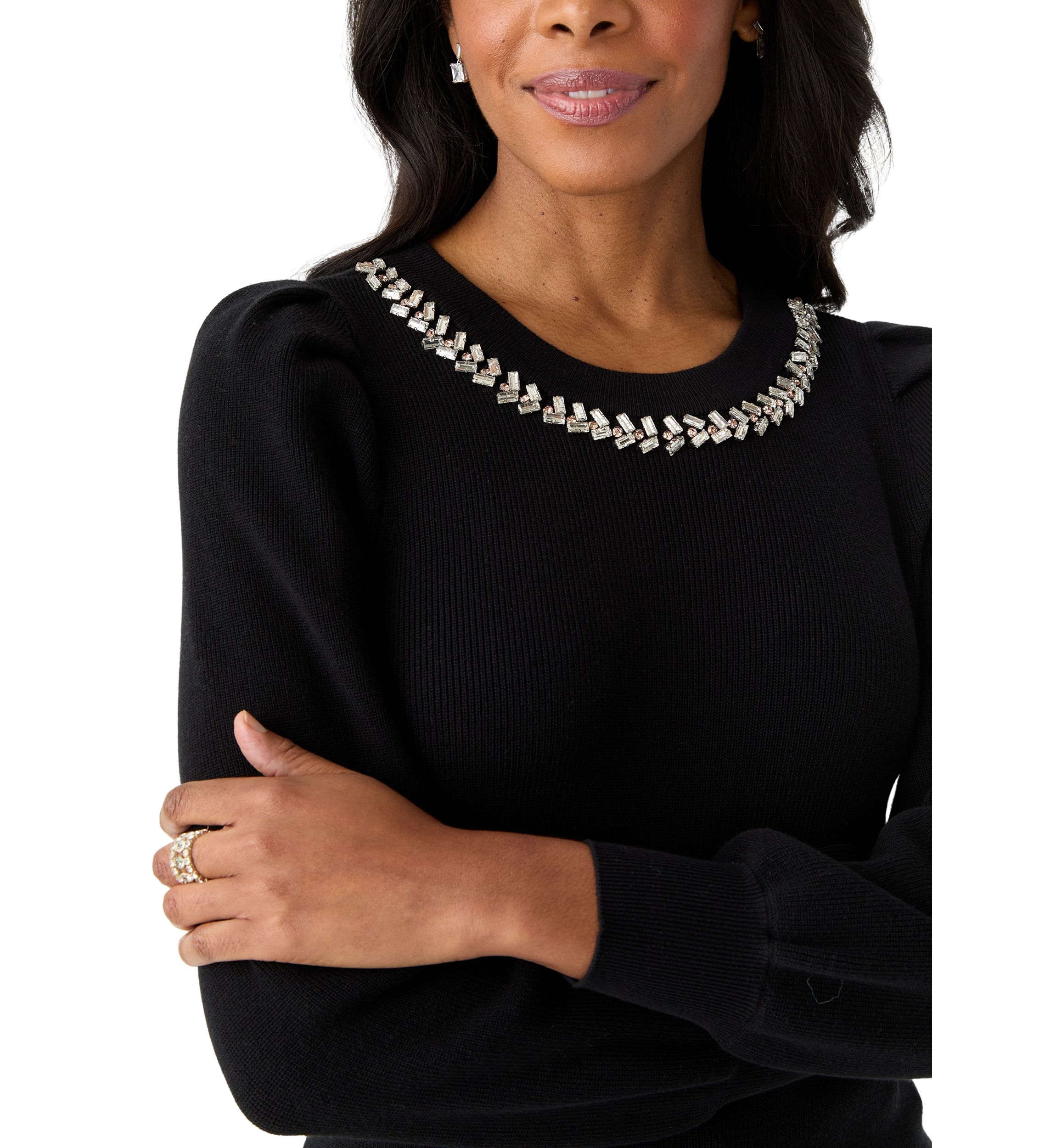 Womens Embellished Crew Neck Pullover Sweater
