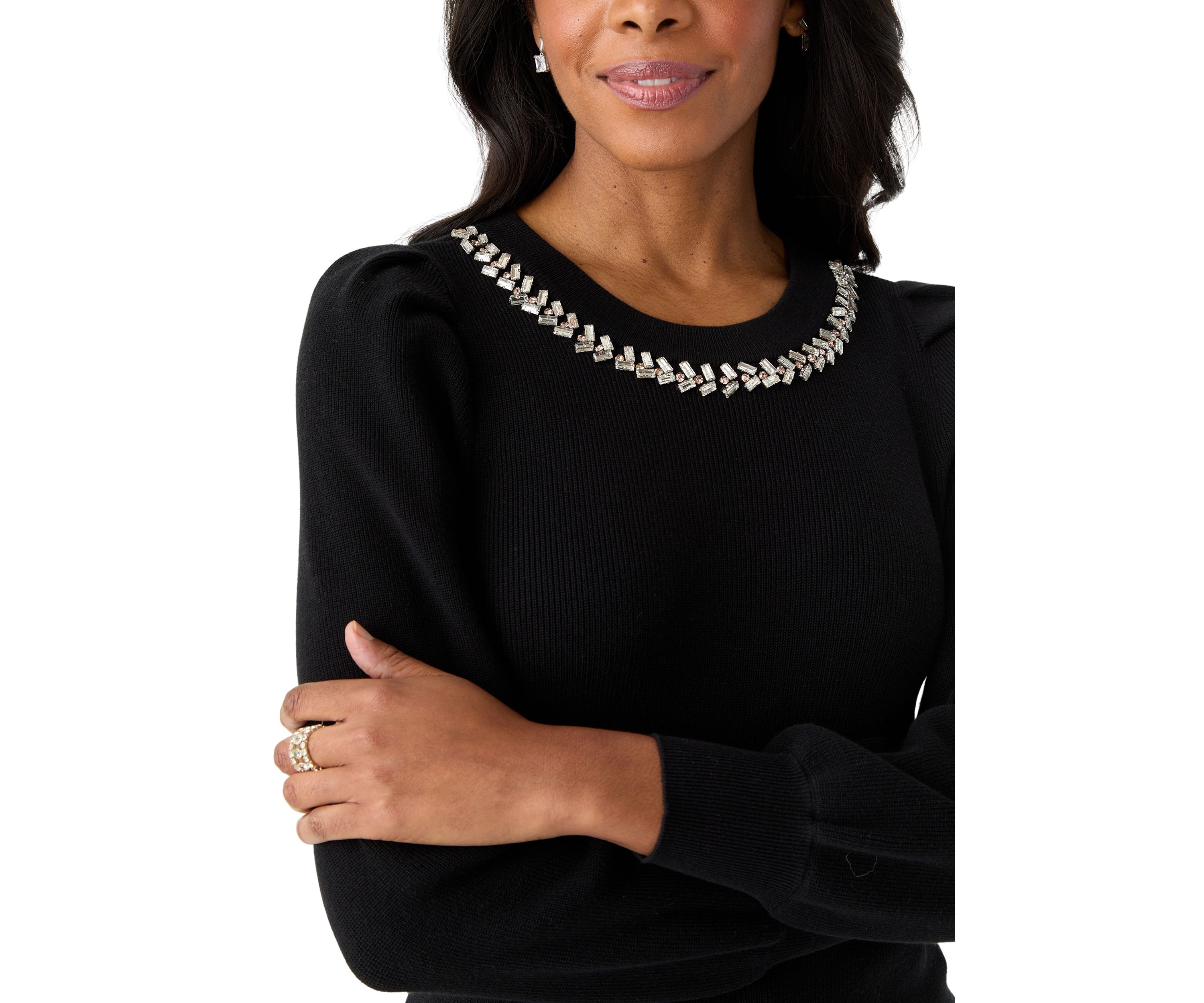 Womens Embellished Crew Neck Pullover Sweater
