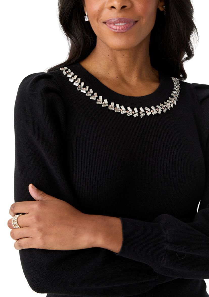 Womens Embellished Crew Neck Pullover Sweater