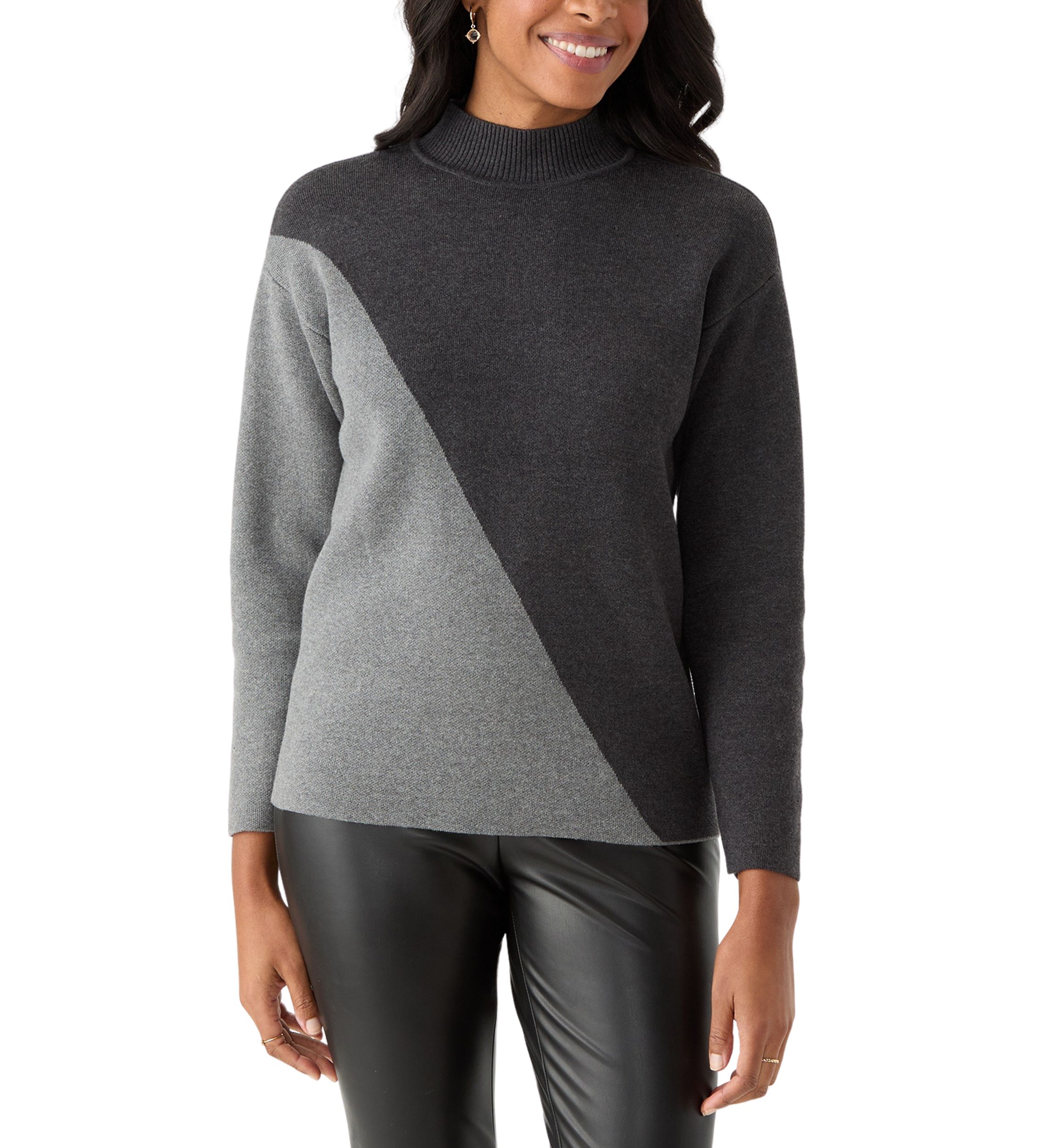 Womens Mock Neck Color Block Sweater