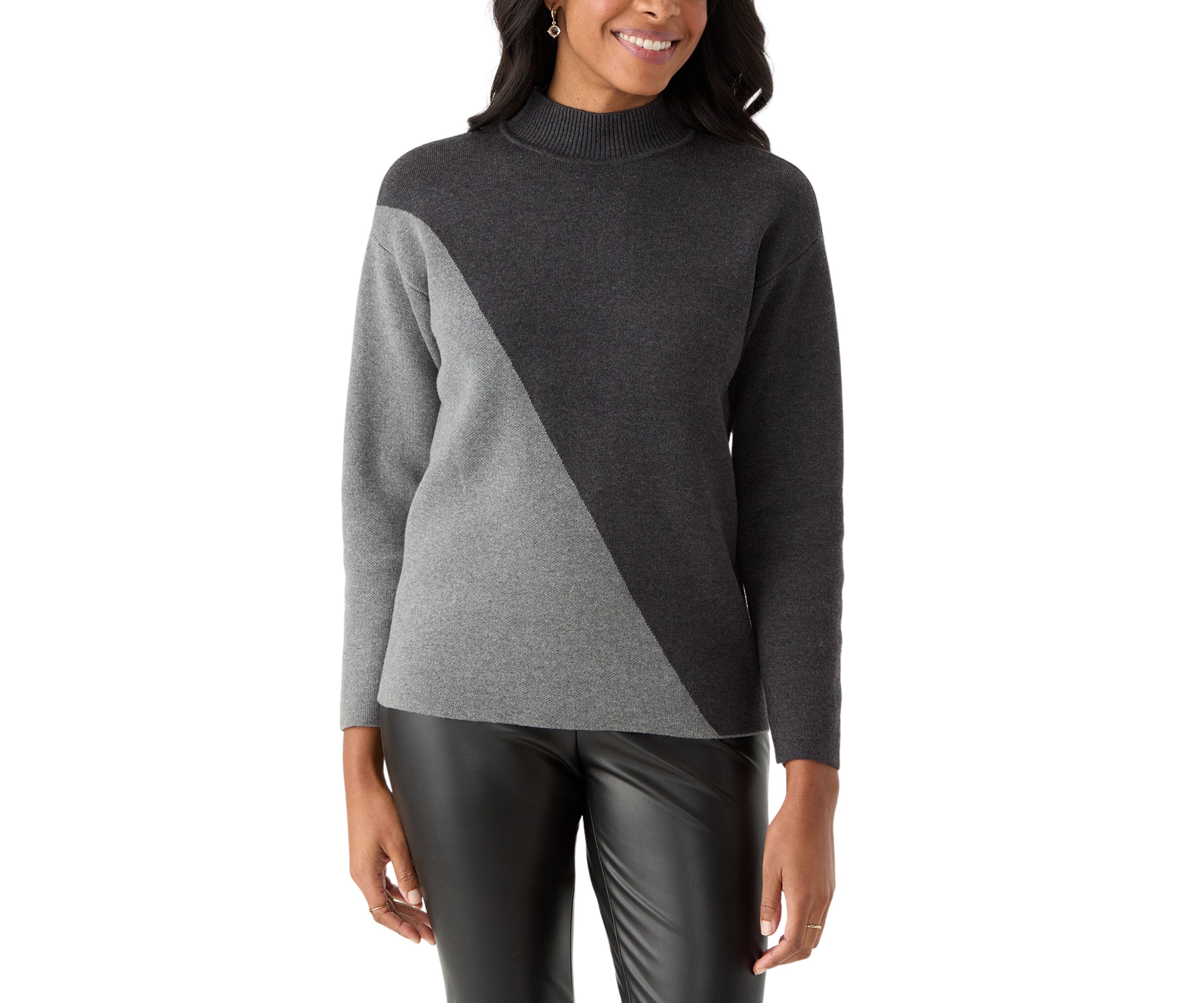 Womens Mock Neck Color Block Sweater