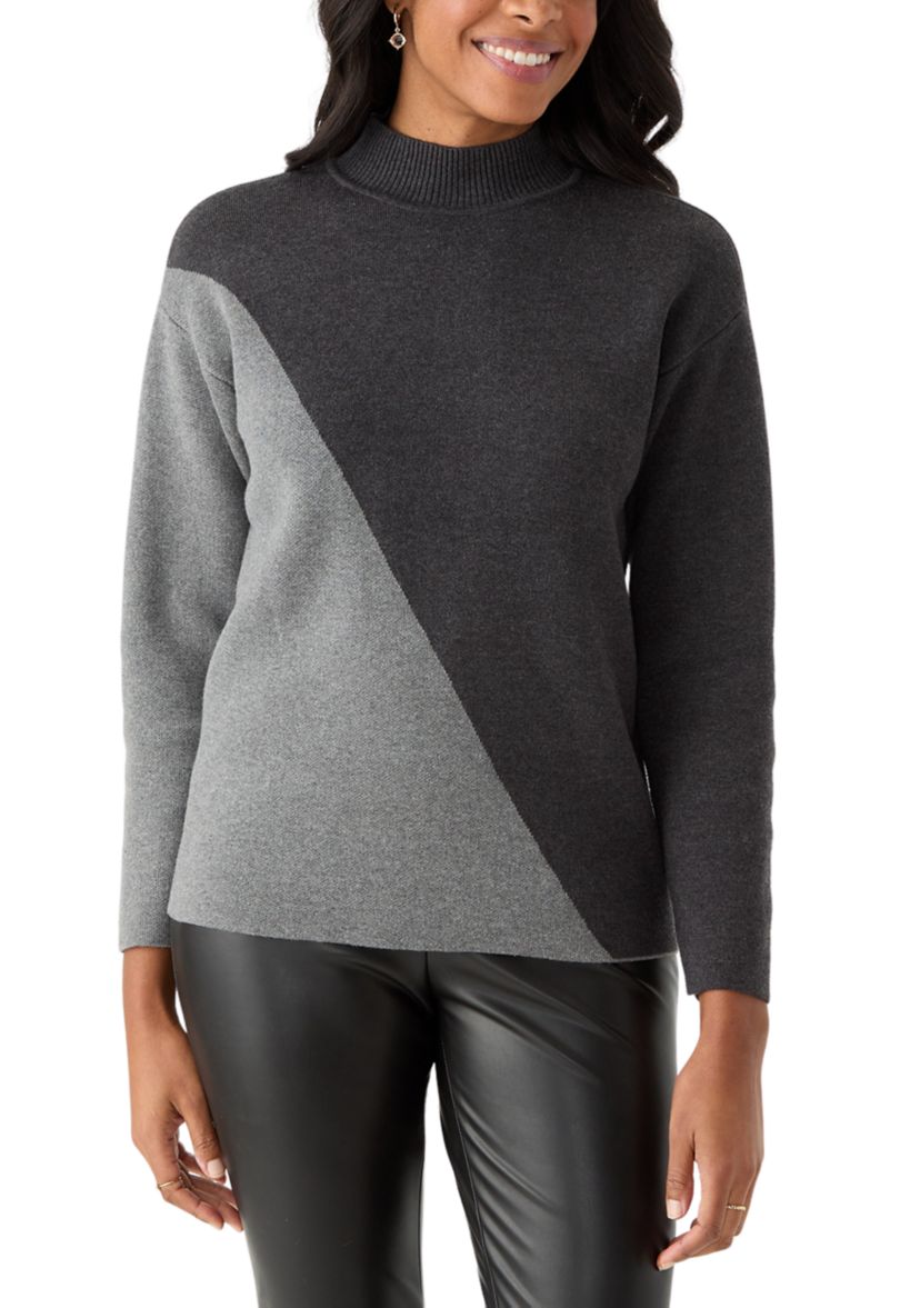 Womens Mock Neck Color Block Sweater