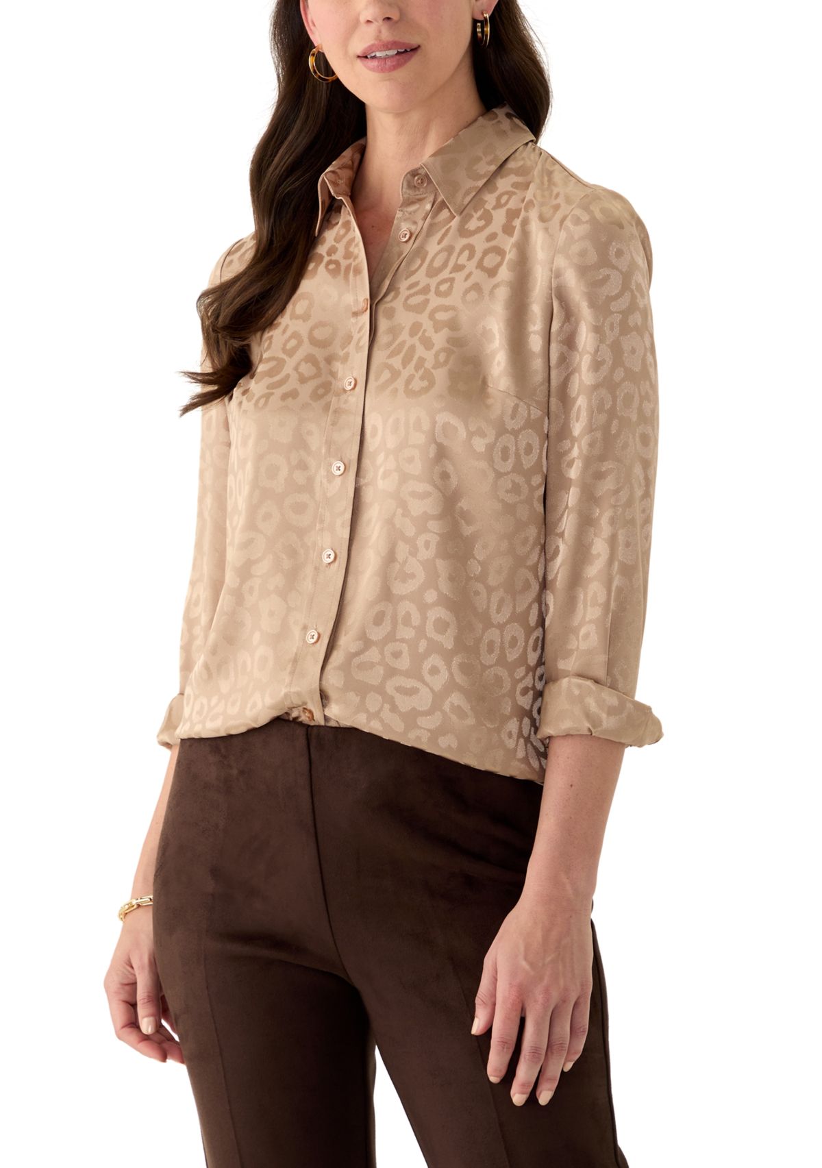 Womens Long Sleeve Printed Button Down Shirt