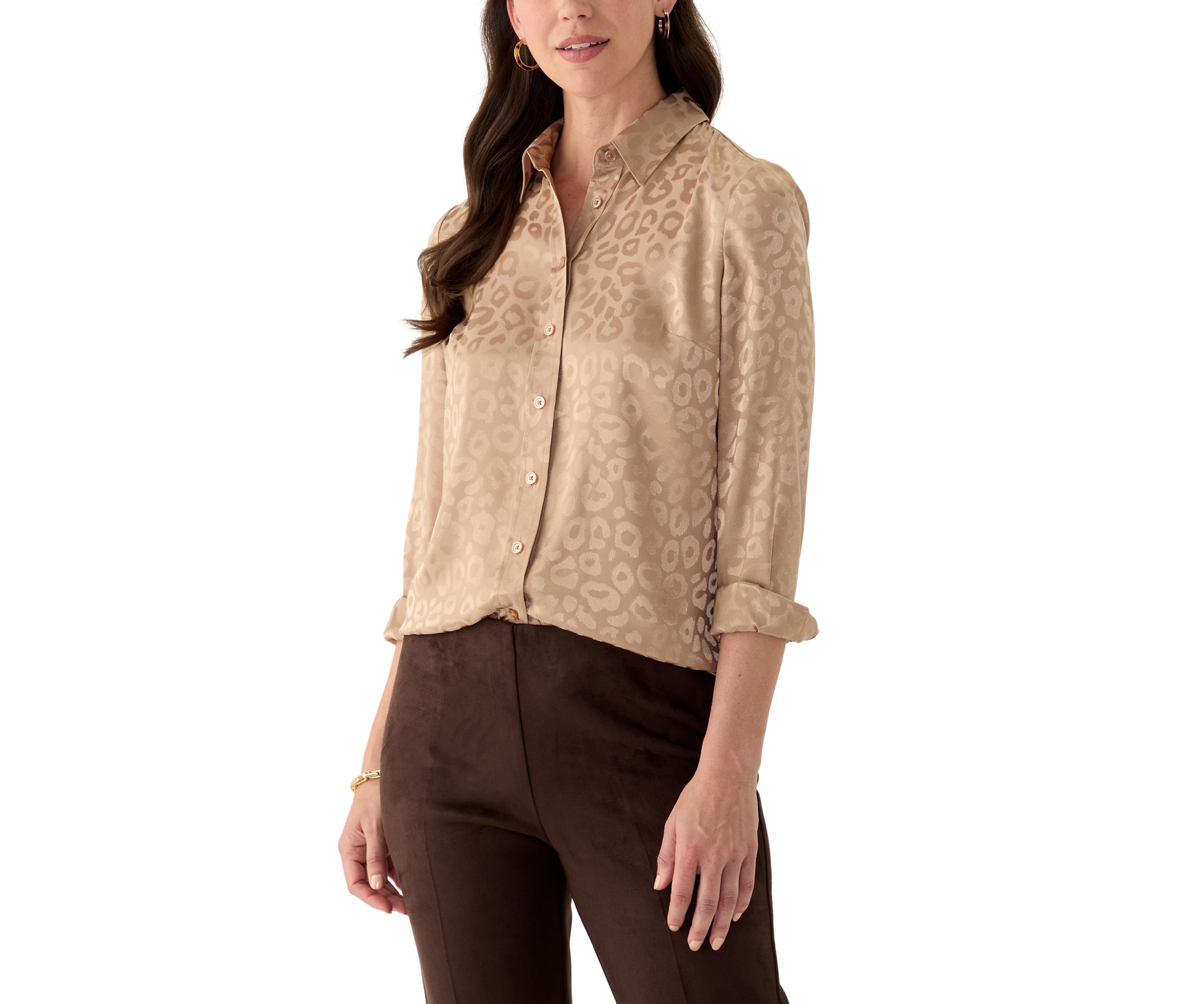 Womens Long Sleeve Printed Button Down Shirt