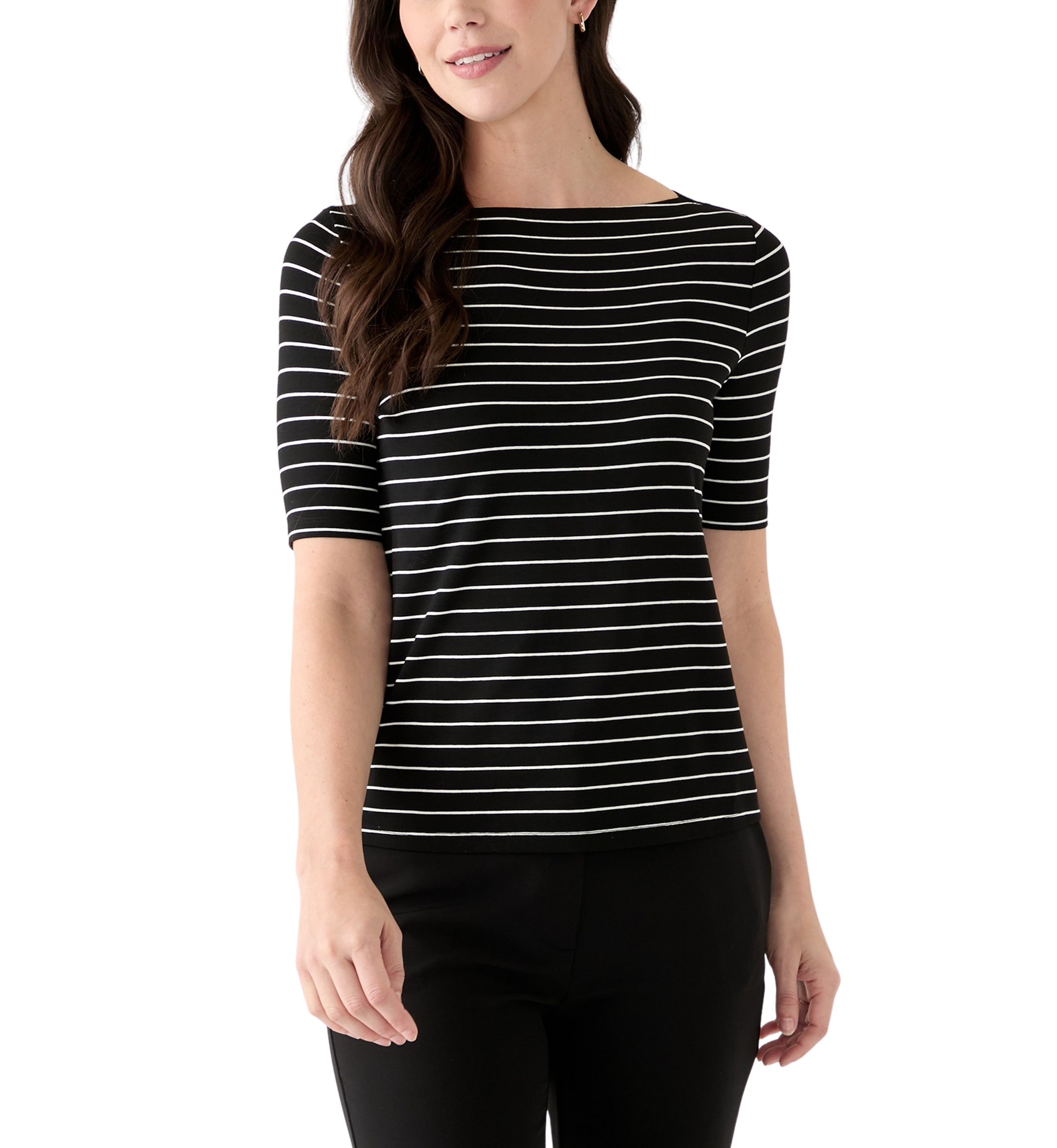 Womens Elbow Sleeve Boat Neck Striped Blouse