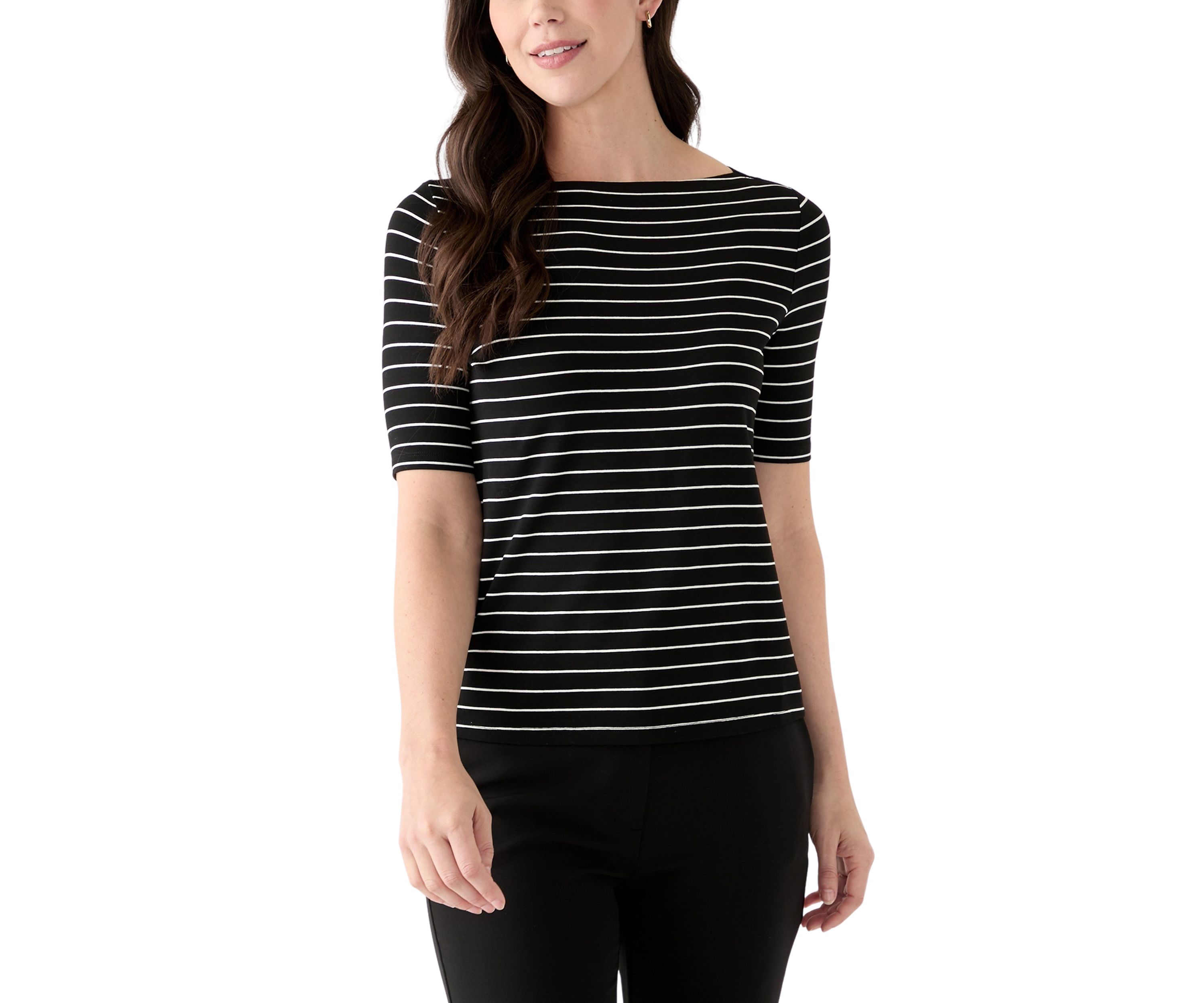 Womens Elbow Sleeve Boat Neck Striped Blouse
