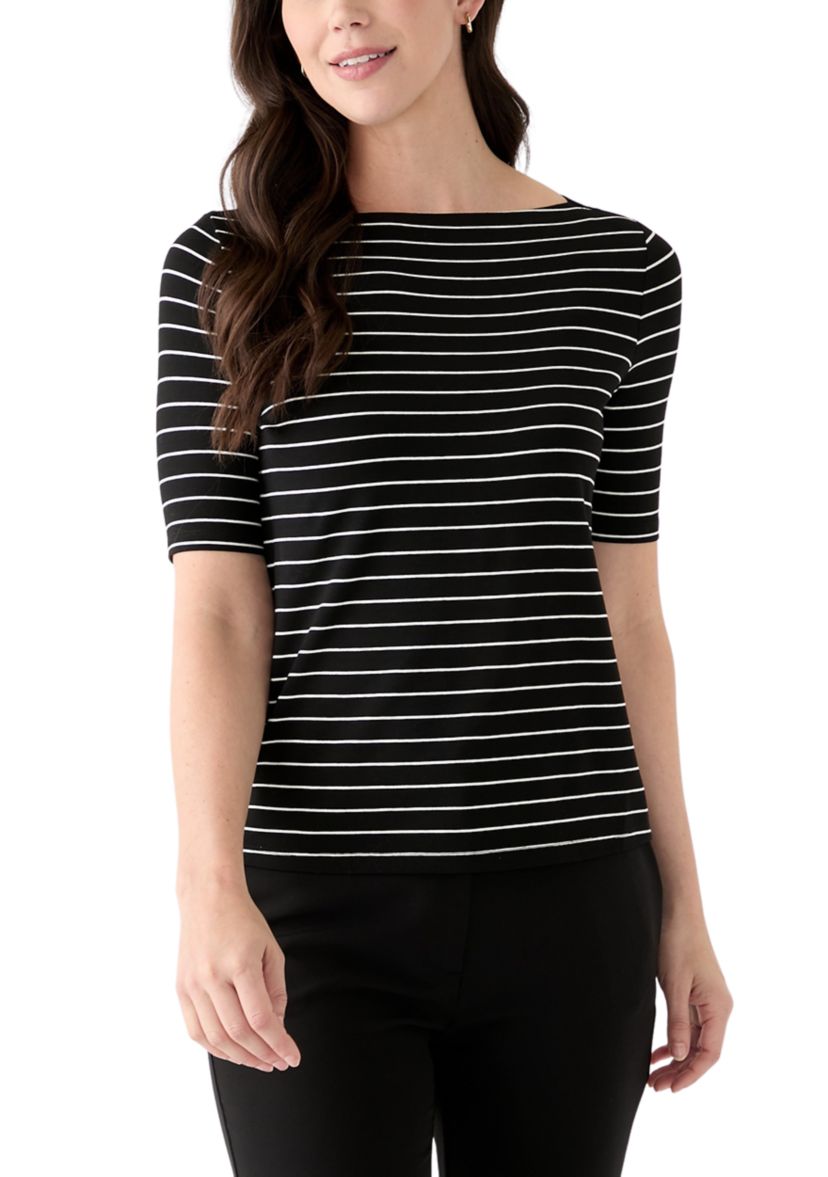 Womens Elbow Sleeve Boat Neck Striped Blouse