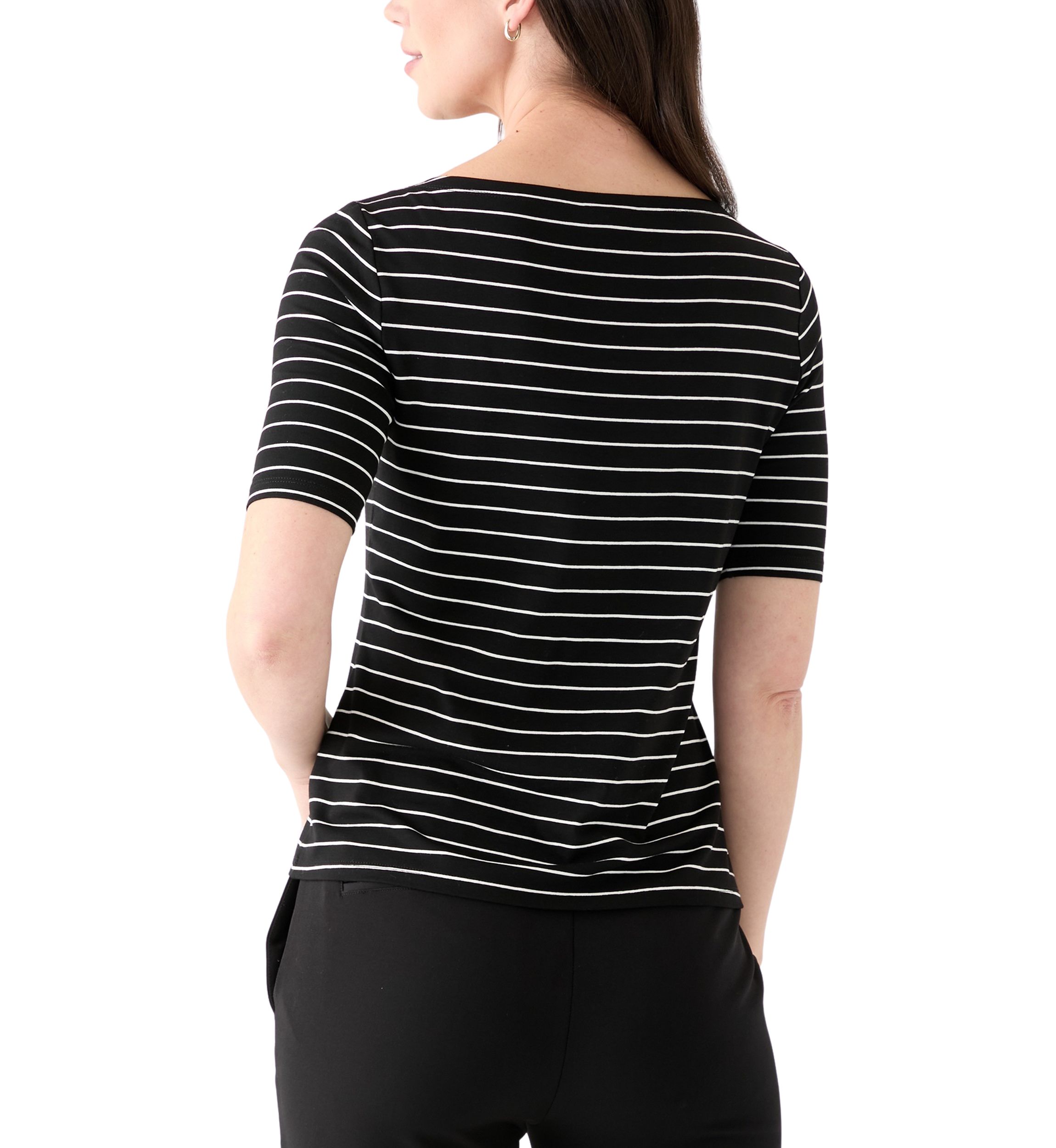 Womens Elbow Sleeve Boat Neck Striped Blouse