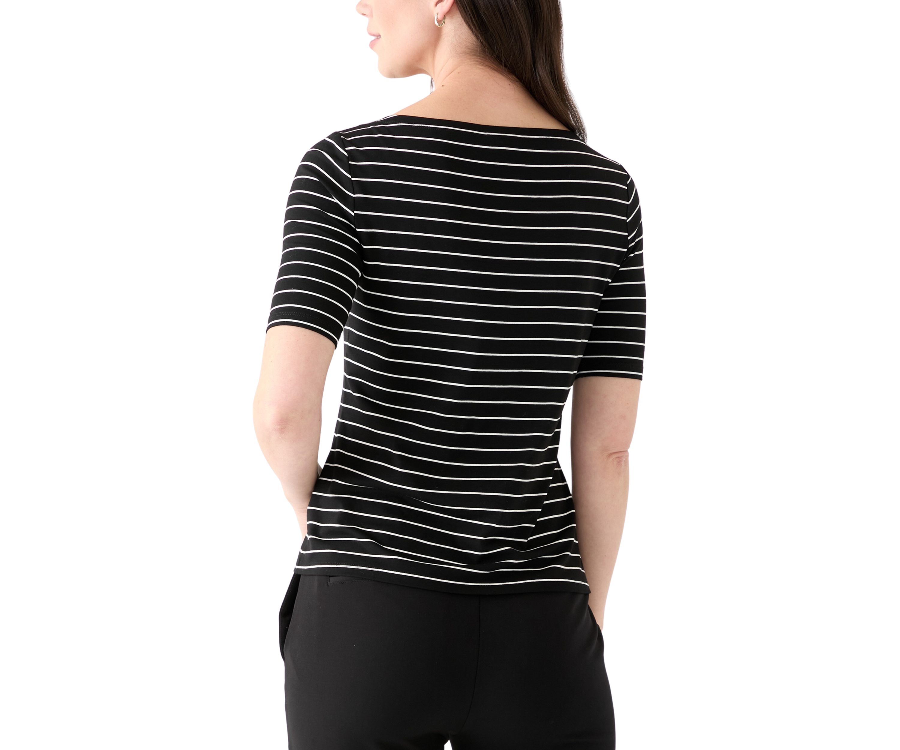 Womens Elbow Sleeve Boat Neck Striped Blouse