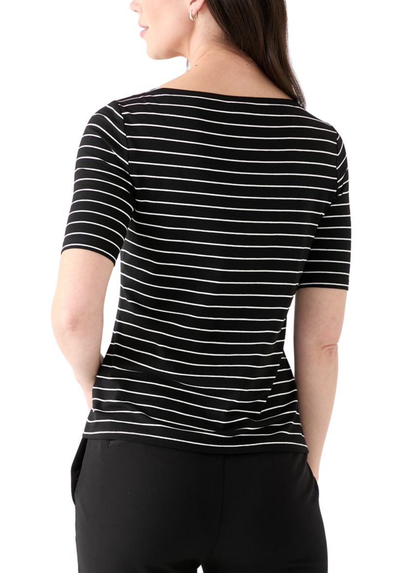 Womens Elbow Sleeve Boat Neck Striped Blouse