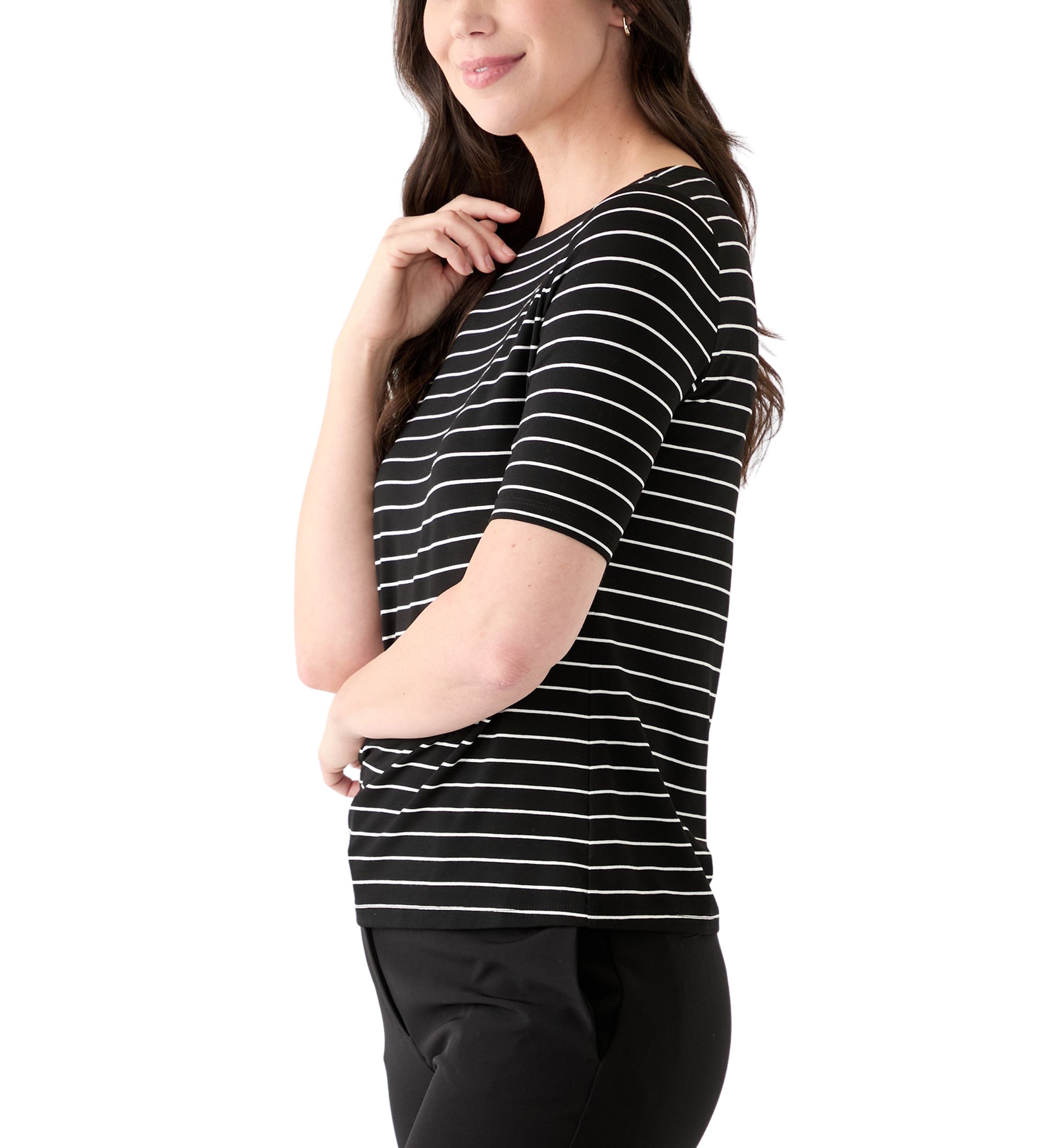 Womens Elbow Sleeve Boat Neck Striped Blouse