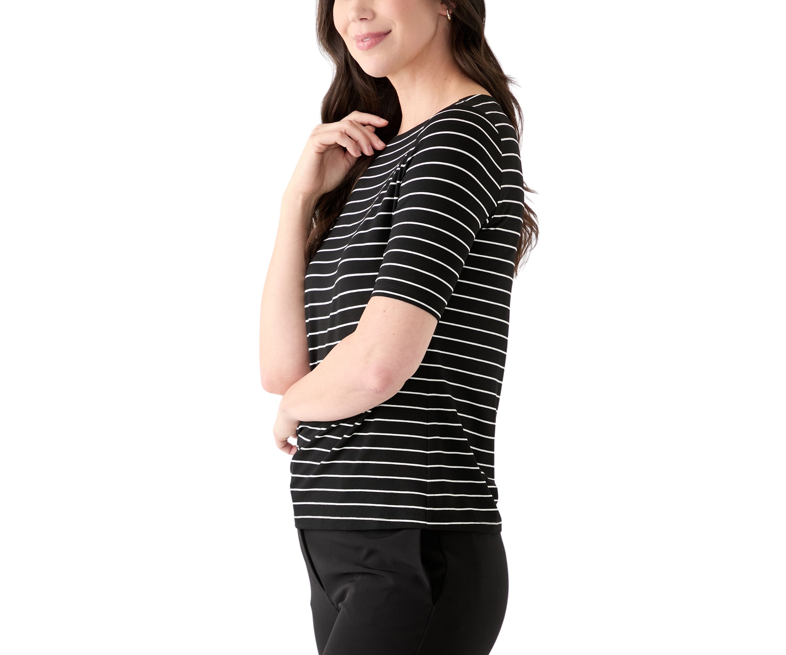 Womens Elbow Sleeve Boat Neck Striped Blouse