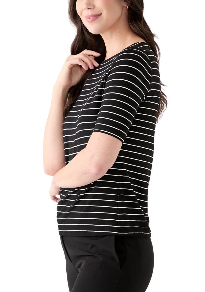 Womens Elbow Sleeve Boat Neck Striped Blouse