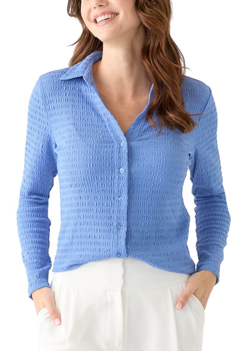Womens Smocked Long Sleeve Button Front Knit Shirt 