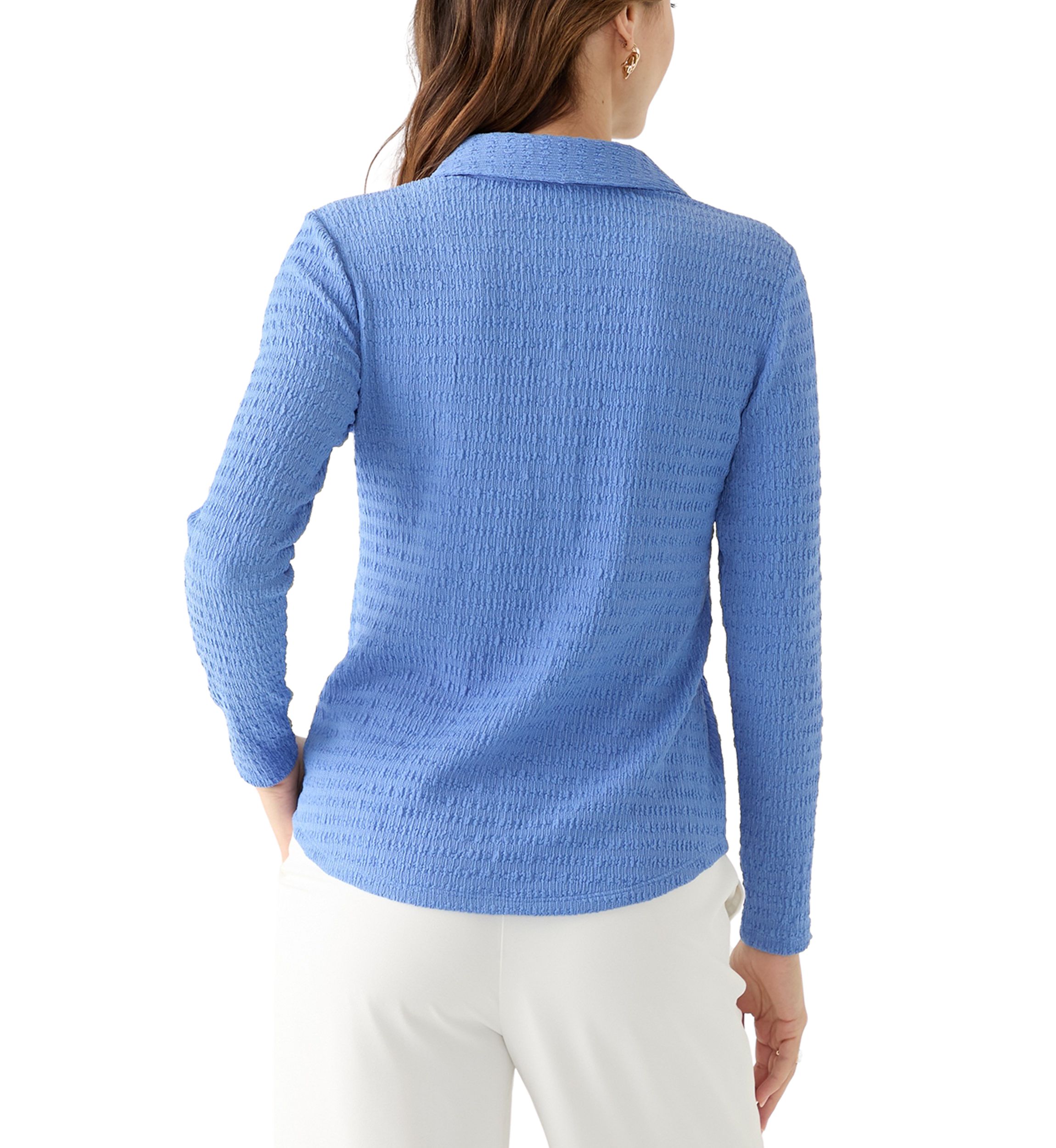 Womens Smocked Long Sleeve Button Front Knit Shirt 