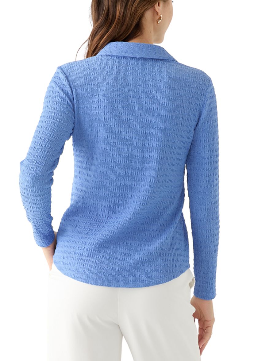 Womens Smocked Long Sleeve Button Front Knit Shirt 
