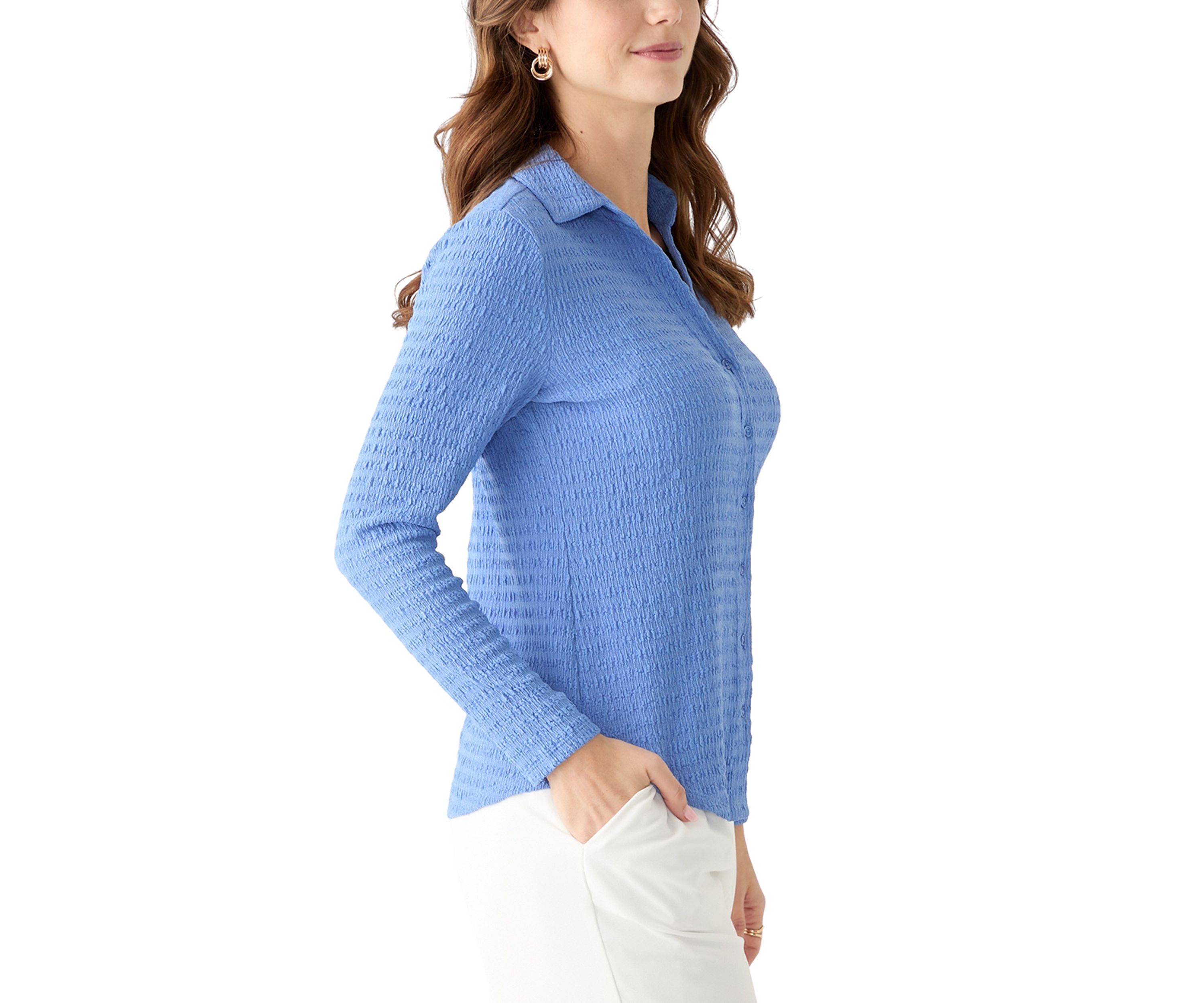Womens Smocked Long Sleeve Button Front Knit Shirt 