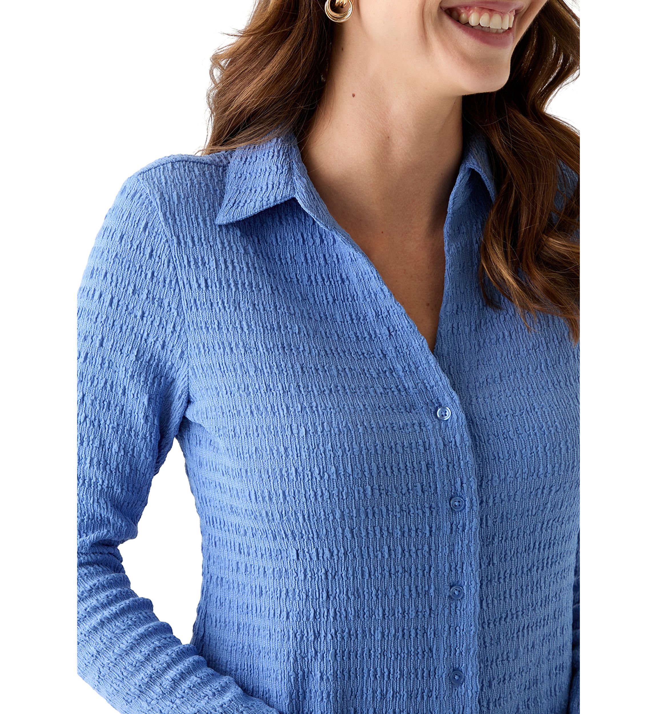 Womens Smocked Long Sleeve Button Front Knit Shirt 