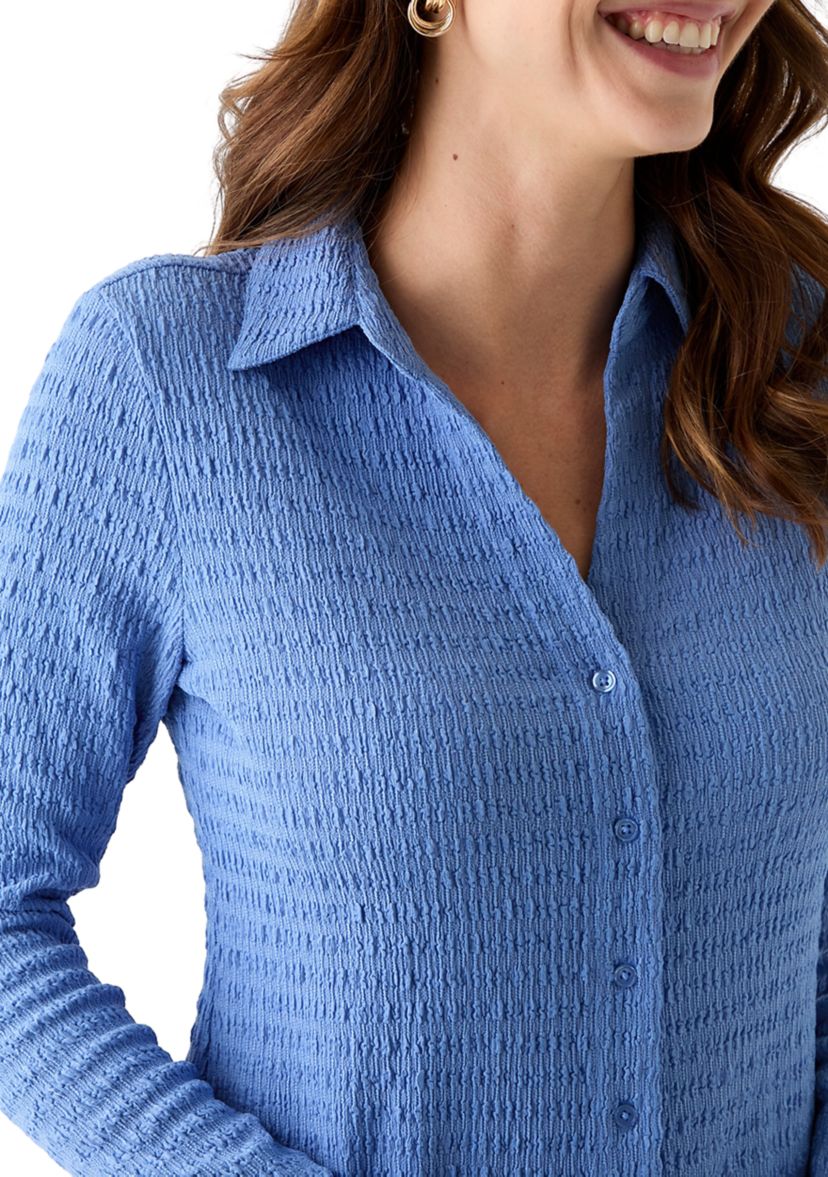 Womens Smocked Long Sleeve Button Front Knit Shirt 
