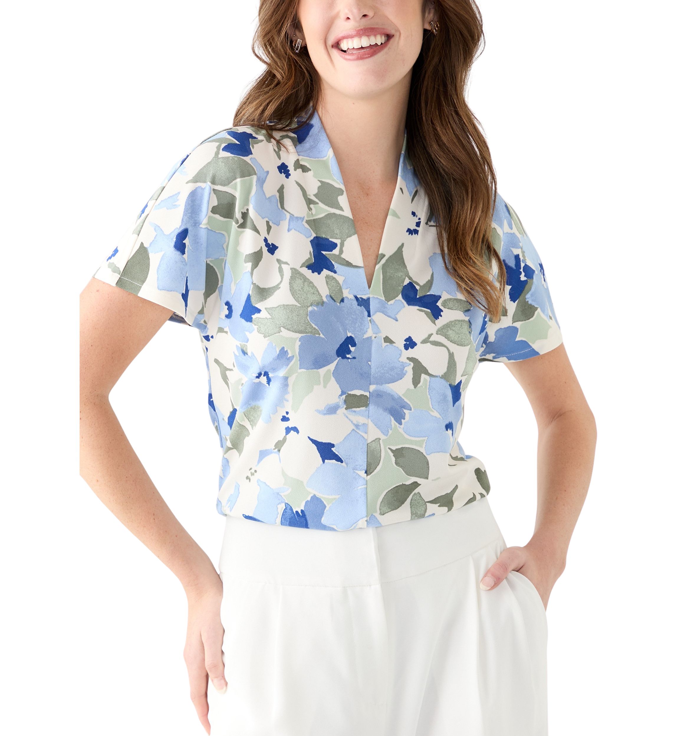 Petite Floral Print V-Neck Knit Top