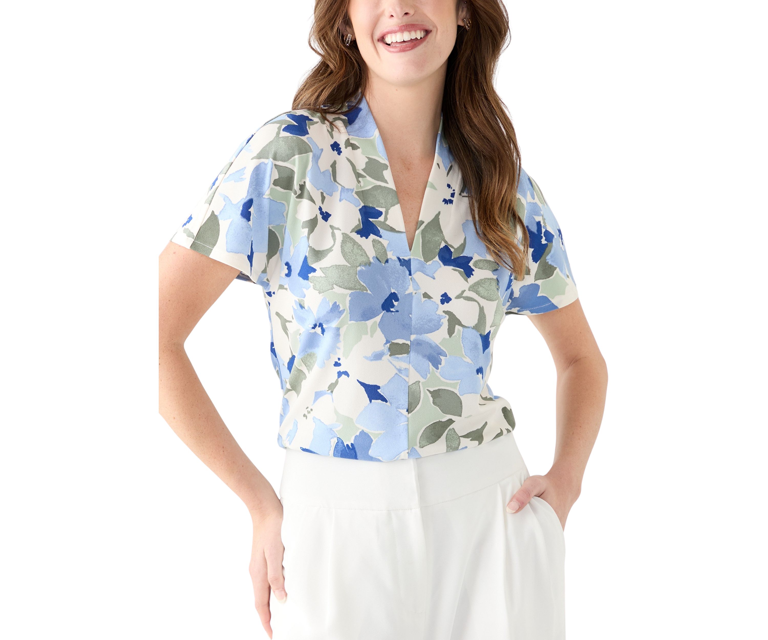 Petite Floral Print V-Neck Knit Top