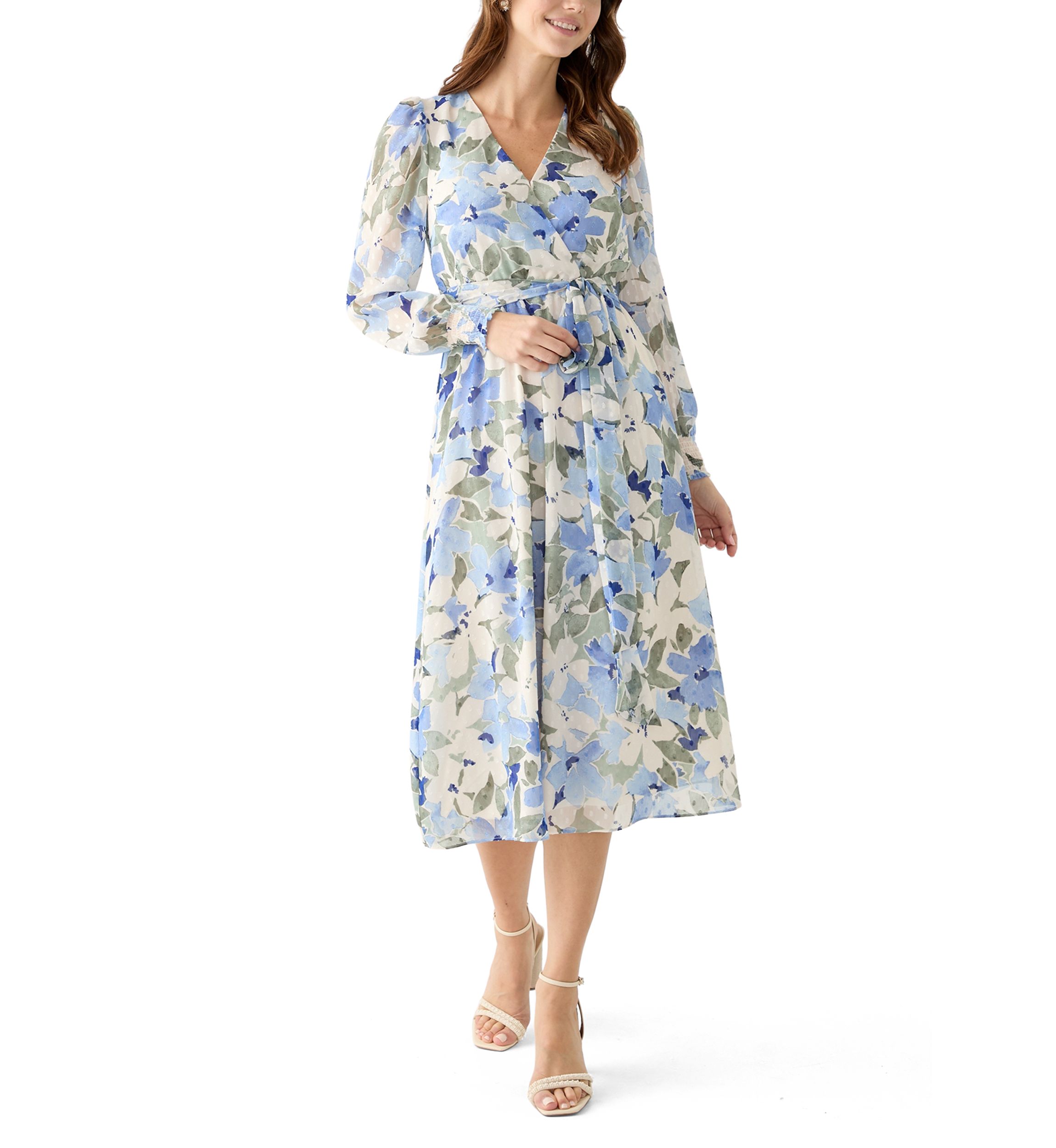 Womens Floral Print Clip Dot Long Sleeve Surplice Midi Dress