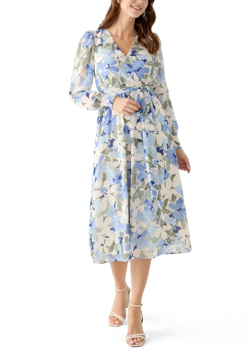 Womens Floral Print Clip Dot Long Sleeve Surplice Midi Dress