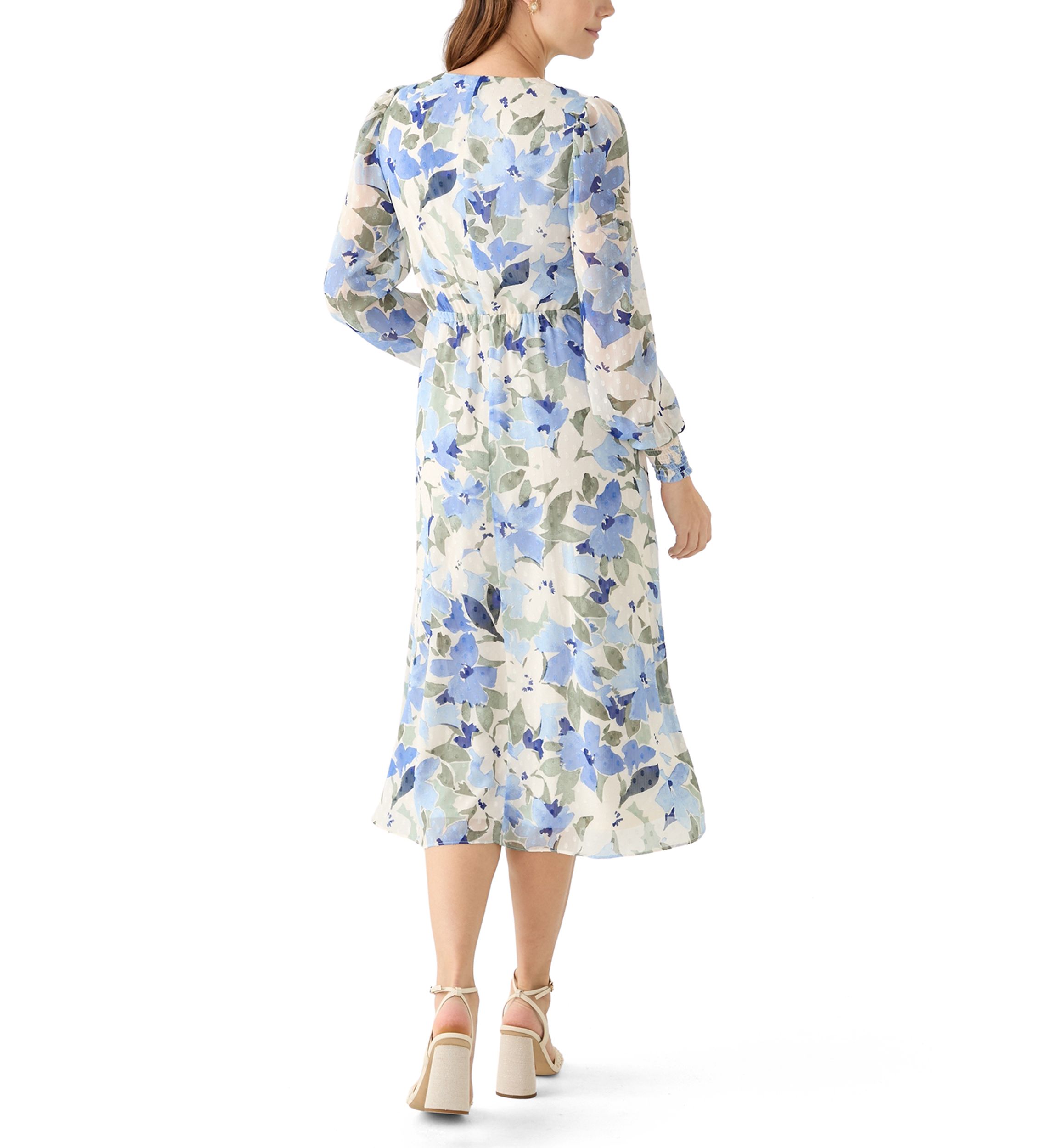 Womens Floral Print Clip Dot Long Sleeve Surplice Midi Dress