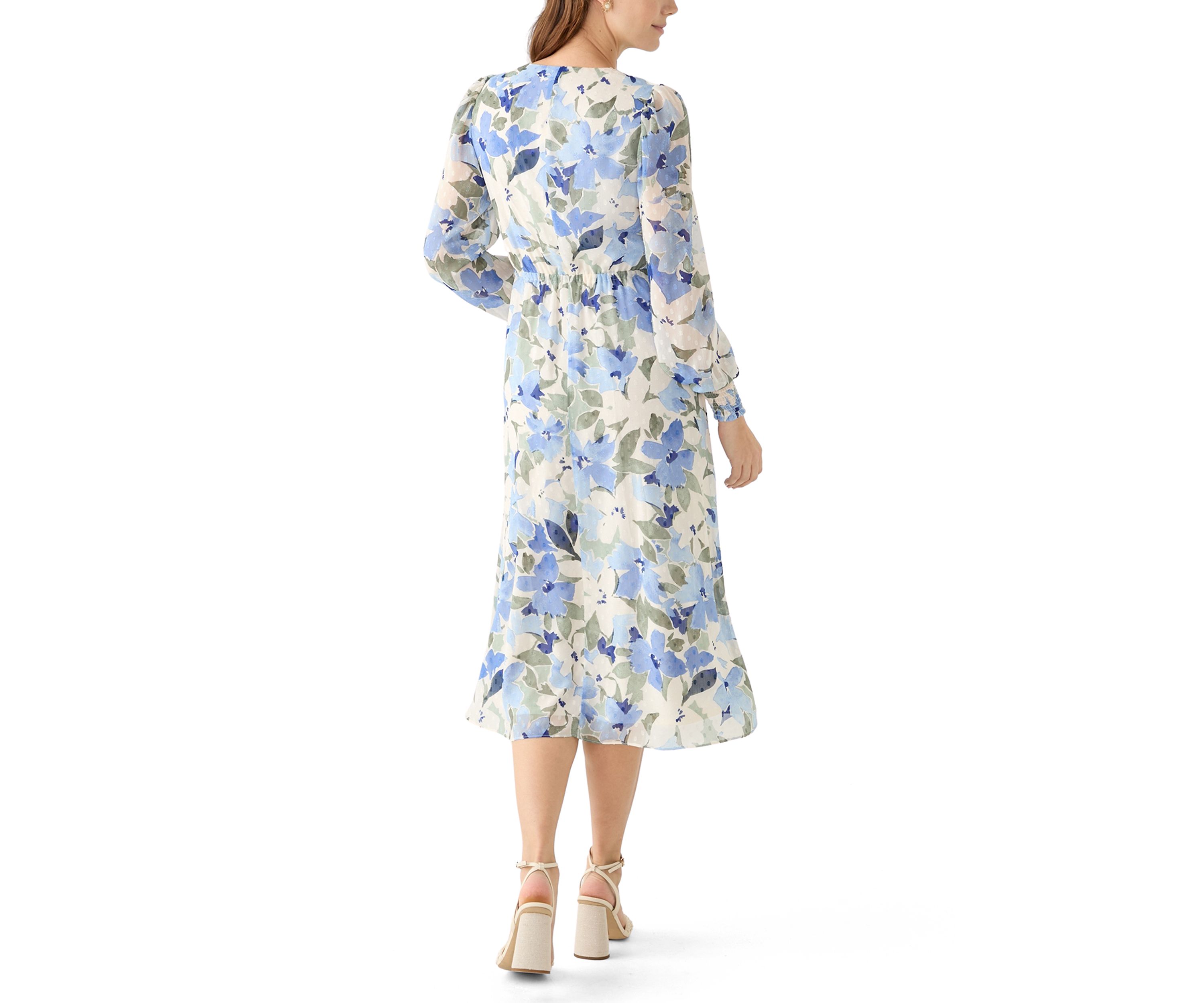Womens Floral Print Clip Dot Long Sleeve Surplice Midi Dress